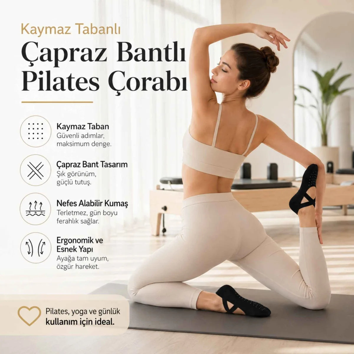 Kaymaz Tabanlı 3’lü Kadın Balerin Tasarımlı Yoga Pilates Çorabı Çapraz Bantlı Spor Çorap Hac Umre Çorabı