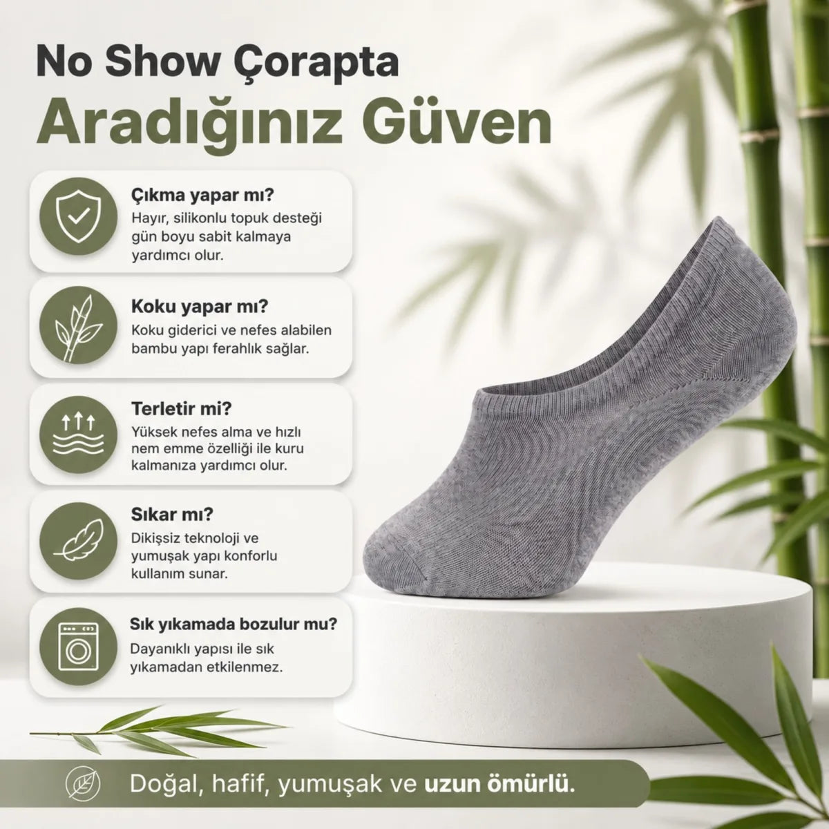 Erkek Bambu 12’li Babet Çorap Görünmez No Show Dikişsiz Silikon Topuklu