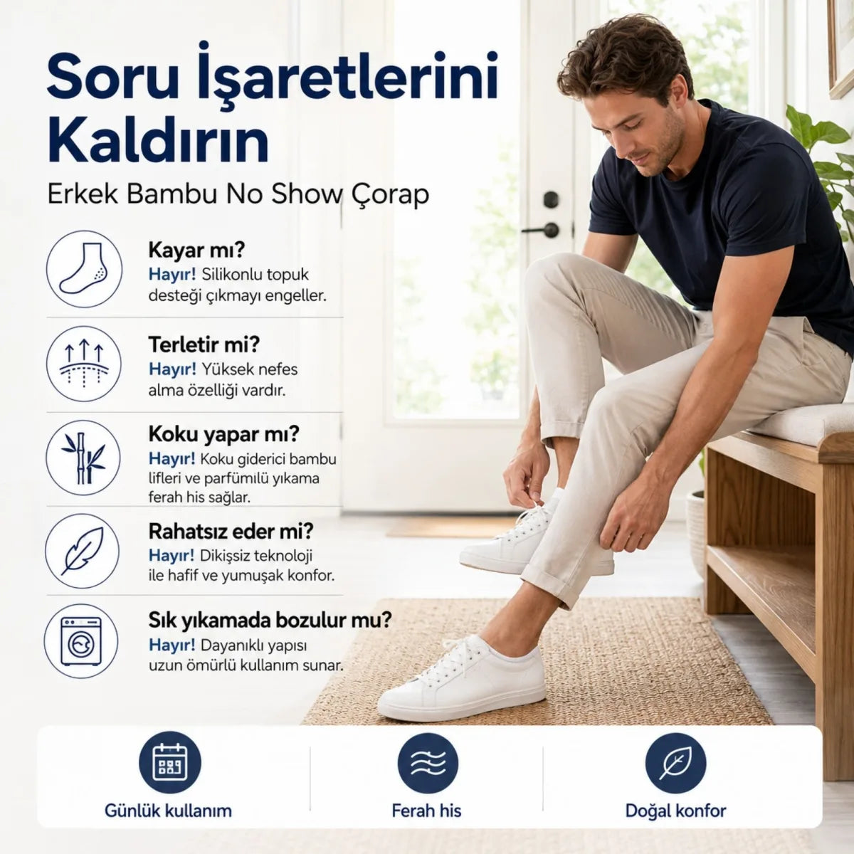 Erkek Bambu 12’li Babet Çorap Görünmez No Show Dikişsiz Silikon Topuklu