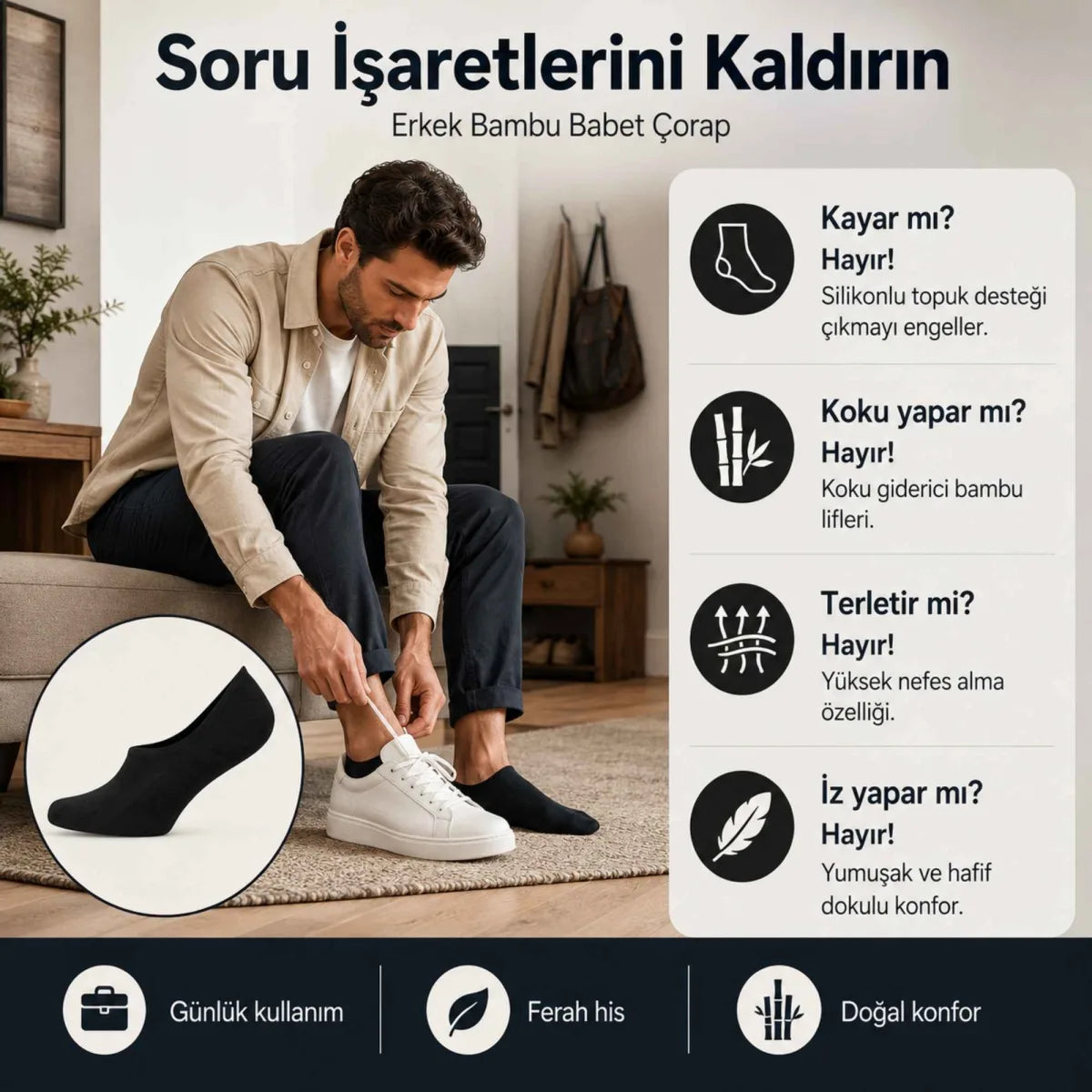 Erkek Bambu 12’li Babet Çorap Görünmez No Show Dikişsiz Silikon Topuklu