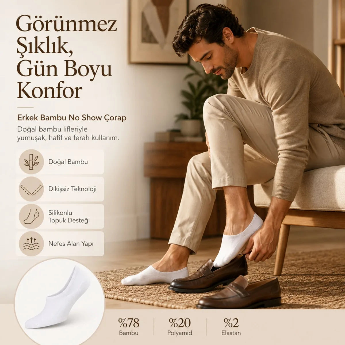 Erkek Bambu 12’li Babet Çorap Görünmez No Show Dikişsiz Silikon Topuklu
