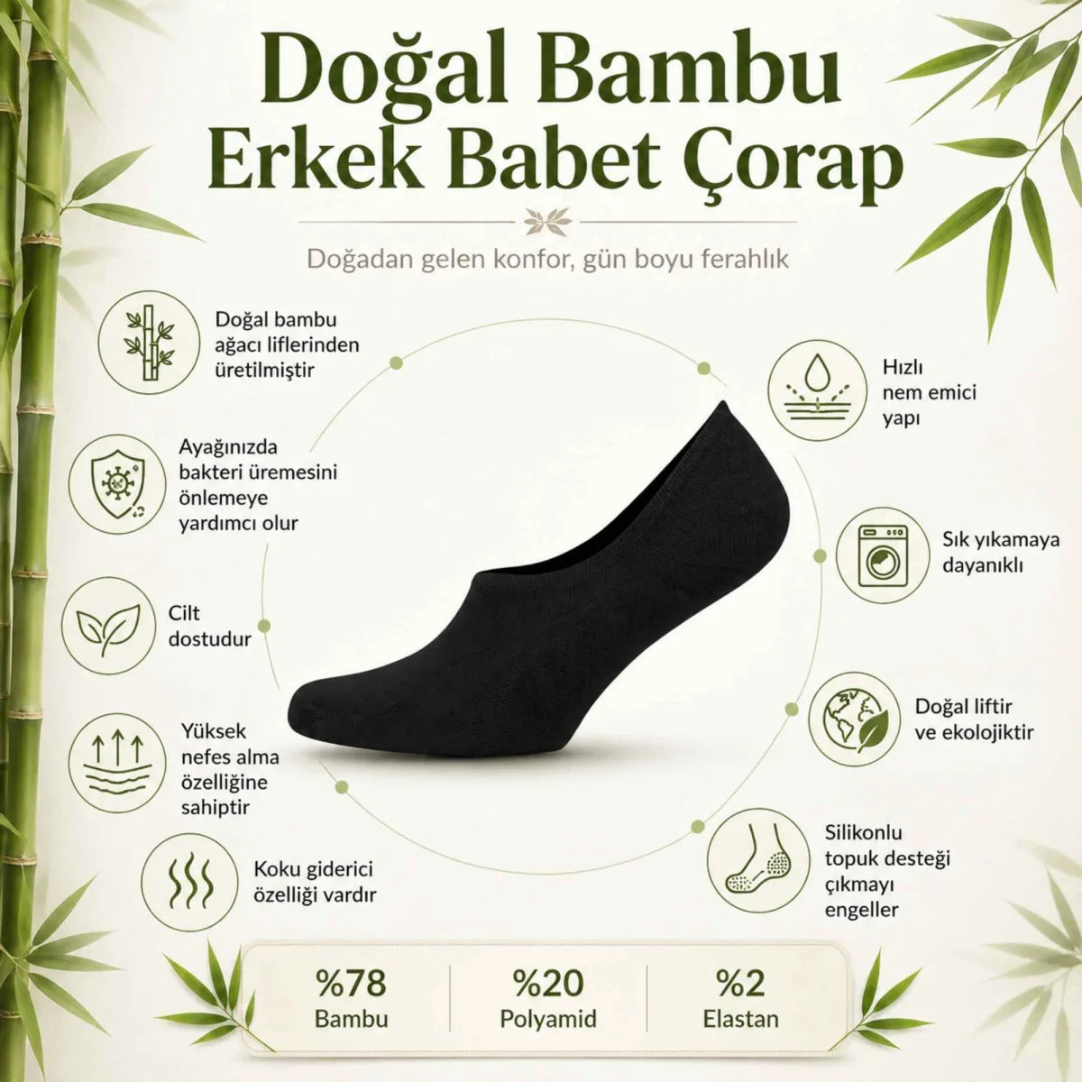 Erkek Bambu 12’li Babet Çorap Görünmez No Show Dikişsiz Silikon Topuklu