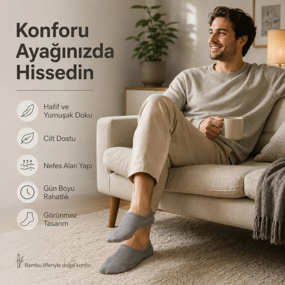 Erkek Bambu 12’li Babet Çorap Görünmez No Show Dikişsiz Silikon Topuklu