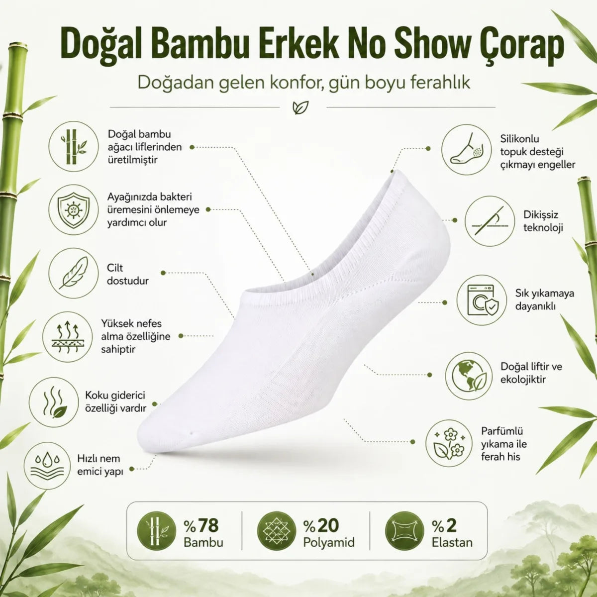 Erkek Bambu 6’lı Babet Çorap Görünmez No Show Dikişsiz Silikon Topuklu