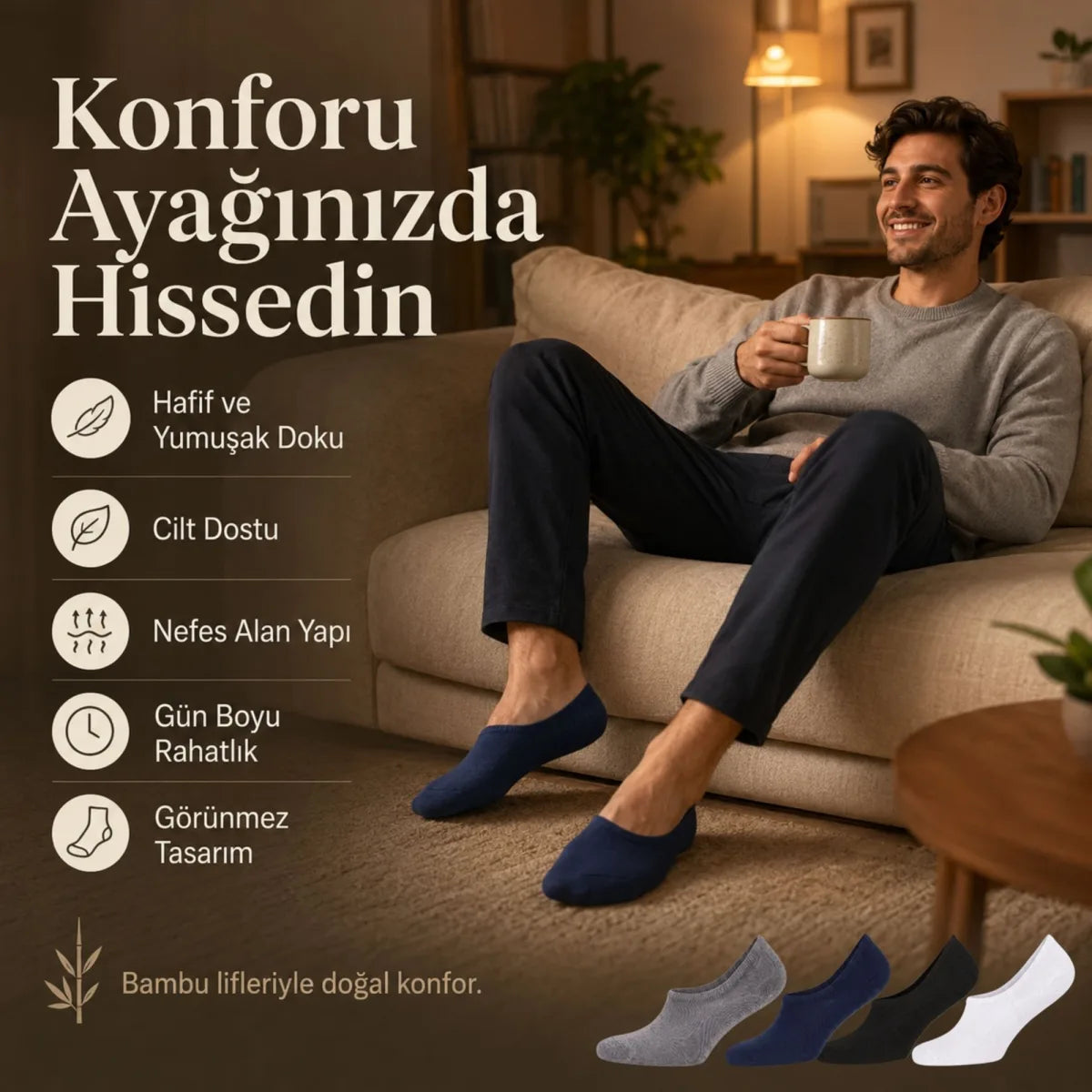 Erkek Bambu 4’lü Babet Çorap Görünmez No Show Dikişsiz Silikon Topuklu
