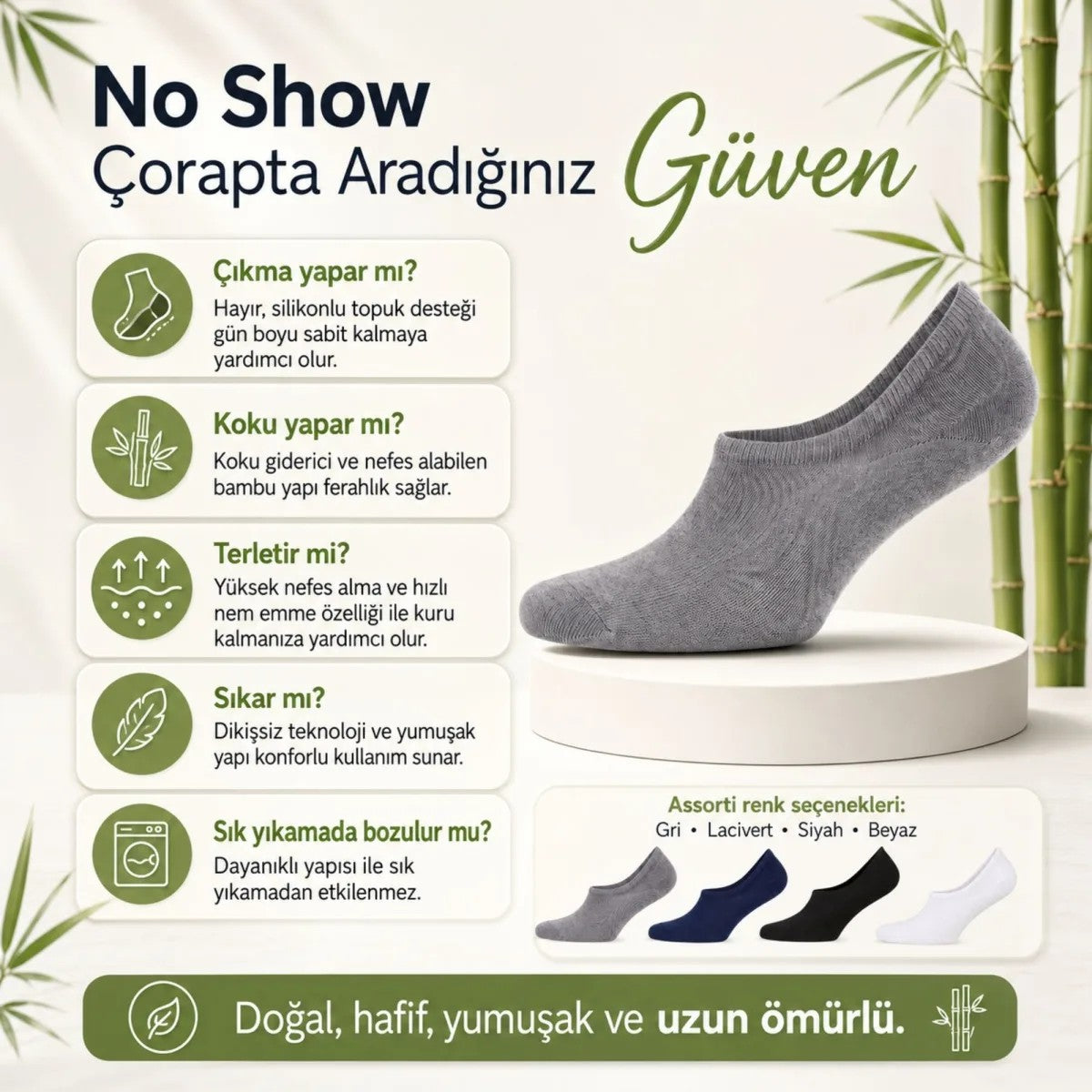 Erkek Bambu 4’lü Babet Çorap Görünmez No Show Dikişsiz Silikon Topuklu