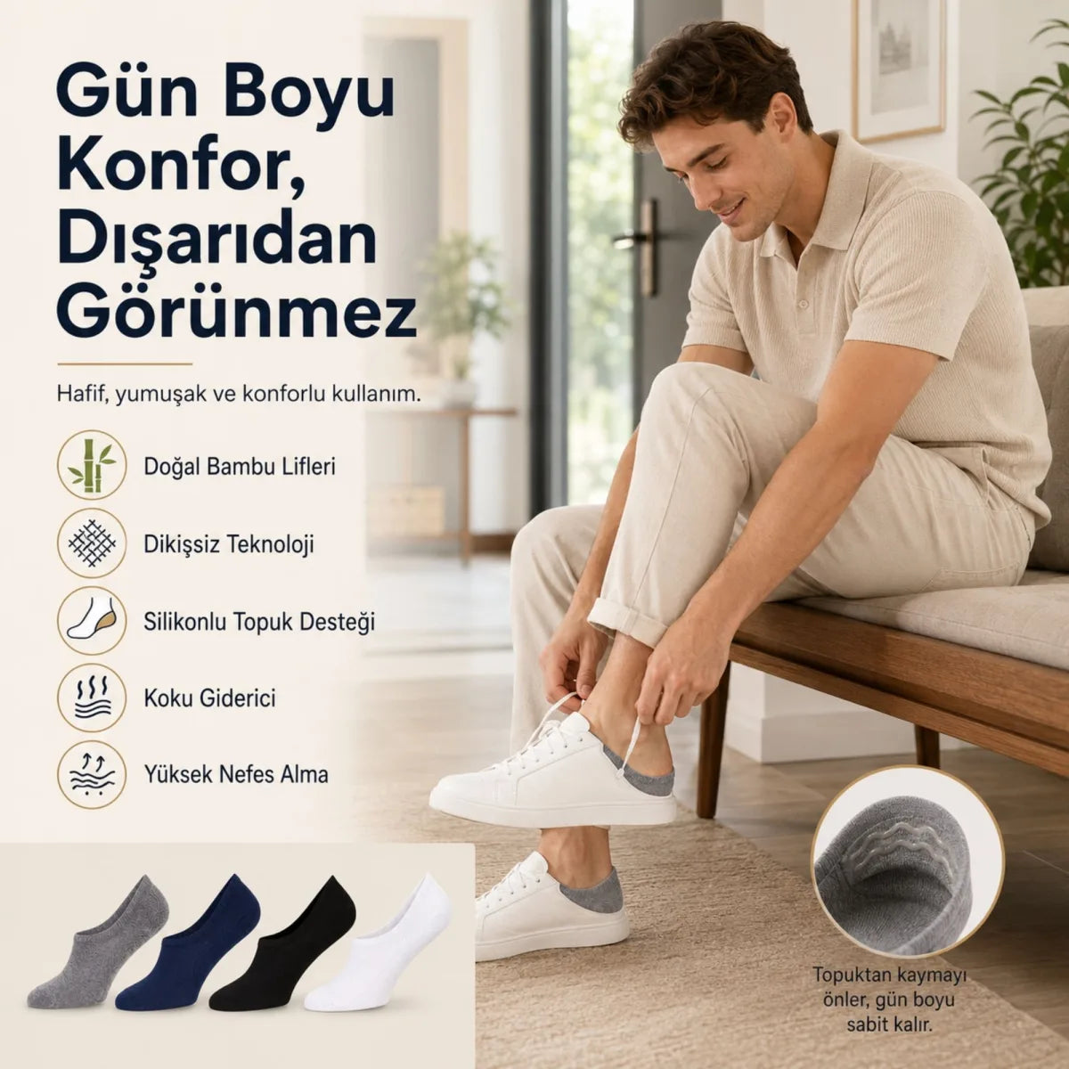 Erkek Bambu 4’lü Babet Çorap Görünmez No Show Dikişsiz Silikon Topuklu