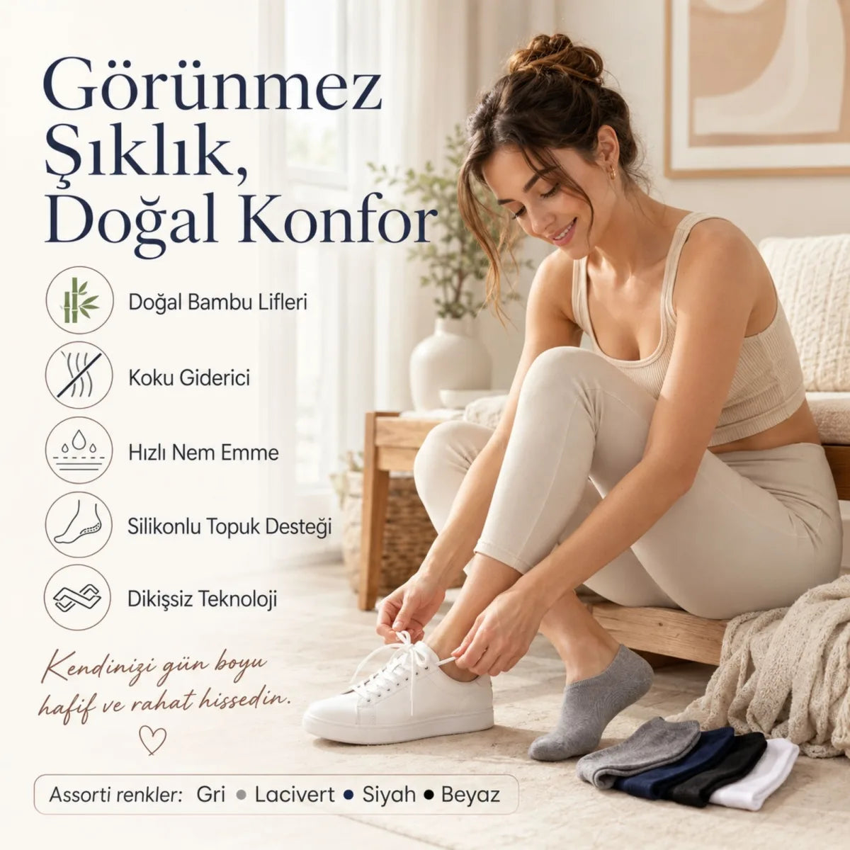 Erkek Bambu 8’li Babet Çorap Görünmez No Show Dikişsiz Silikon Topuklu