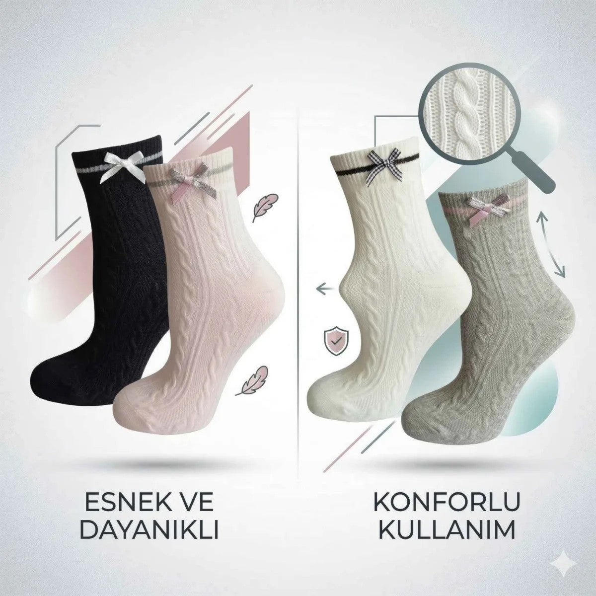 Kadın Fiyonklu Örgü Soket Çorap 4’lü Set – Yumuşak Pamuklu Dokulu Şık Günlük Çorap