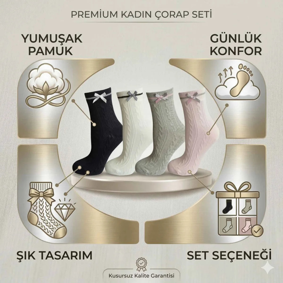 Kadın Fiyonklu Örgü Soket Çorap 8’li Set – Yumuşak Pamuklu Dokulu Şık Günlük Çorap