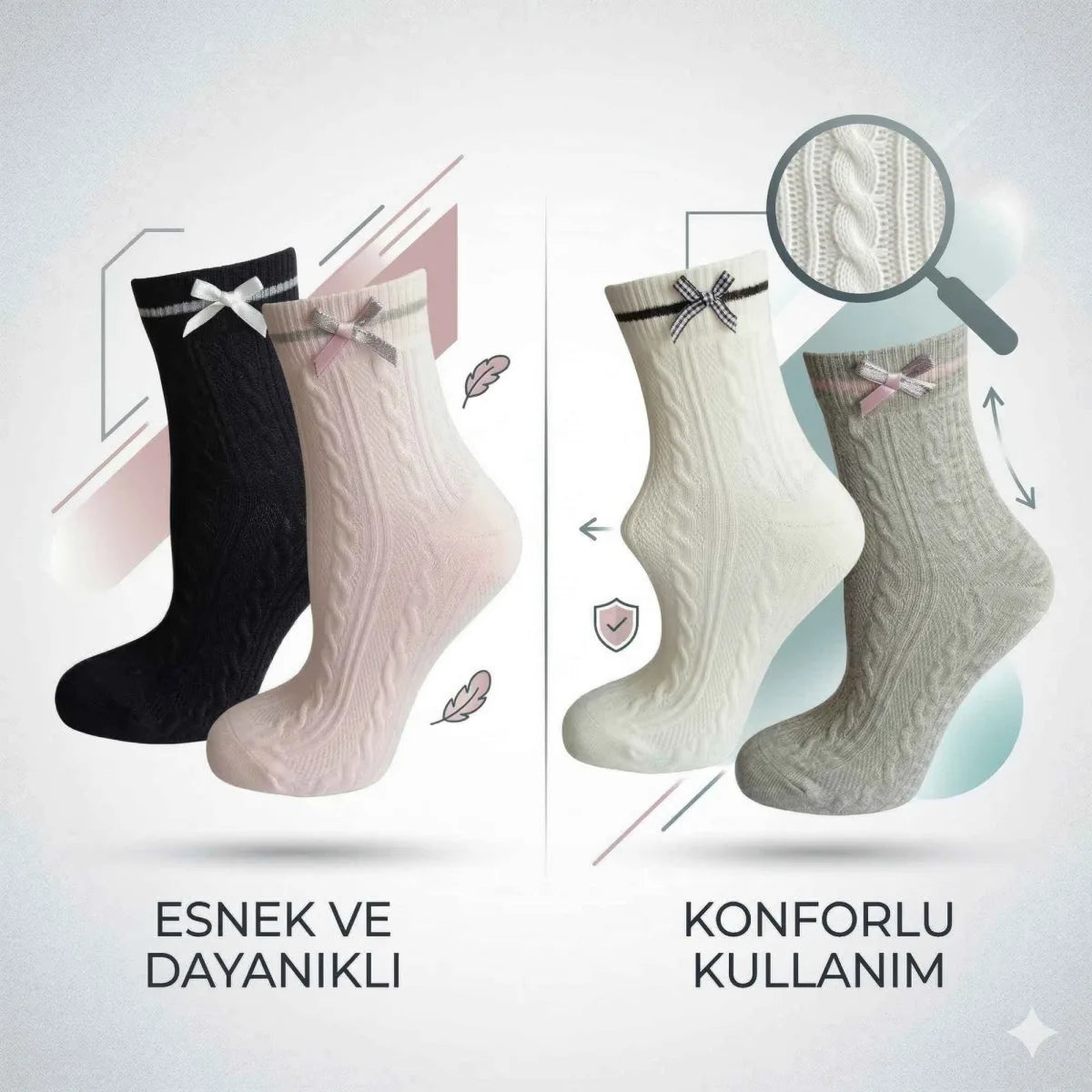 Kadın Fiyonklu Örgü Soket Çorap 8’li Set – Yumuşak Pamuklu Dokulu Şık Günlük Çorap