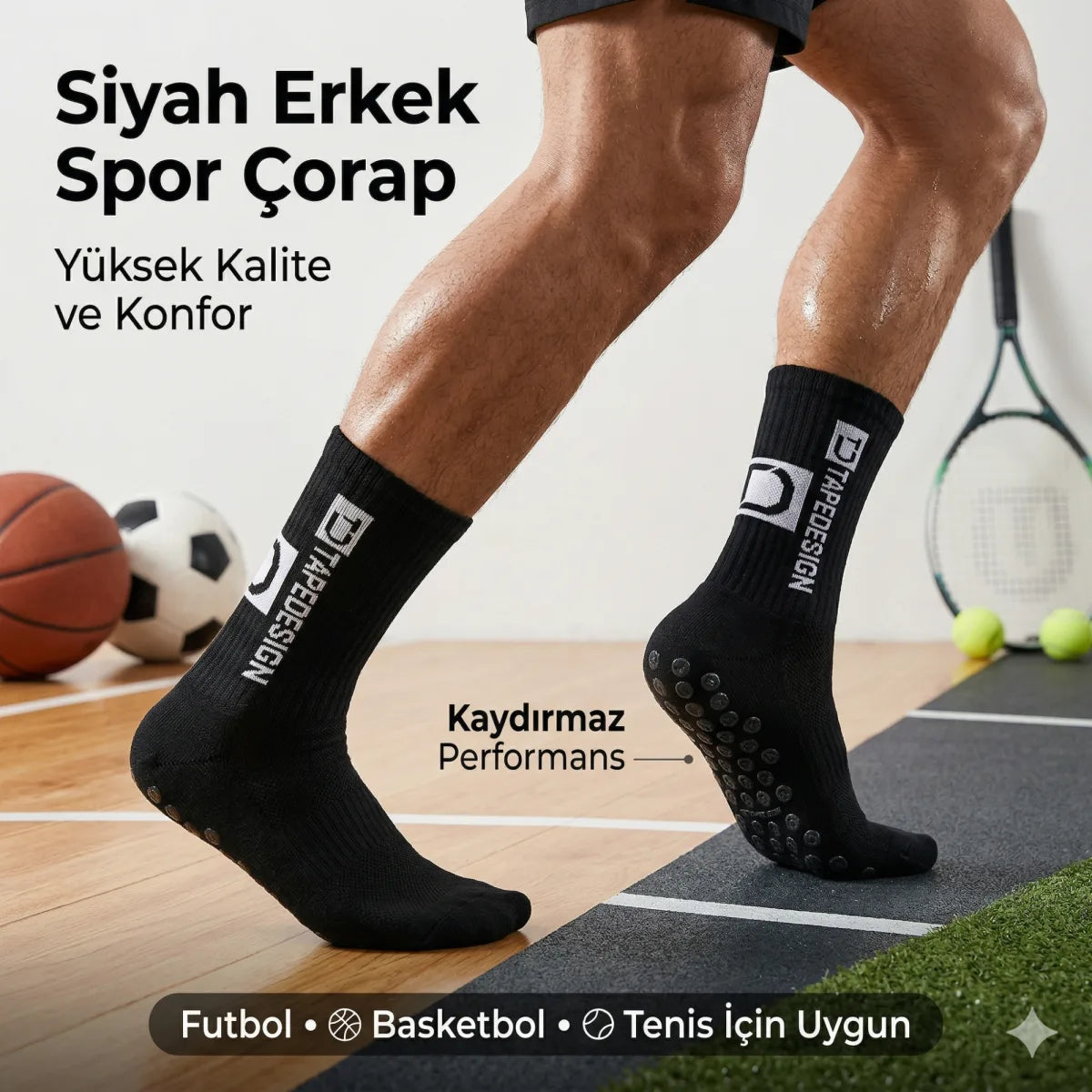 Kaydırmaz Futbol Basketbol Tenis Erkek Spor Çorap, Siyah, Kaymaz Çorap Tabanlı, Dikişsiz ve Parfümlü, Yüksek Kalite