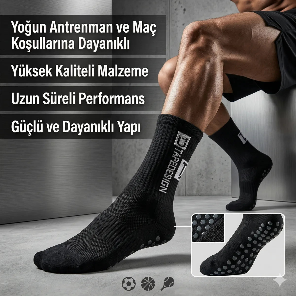 Kaydırmaz Futbol Basketbol Tenis Erkek Spor Çorap, Siyah, Kaymaz Çorap Tabanlı, Dikişsiz ve Parfümlü, Yüksek Kalite
