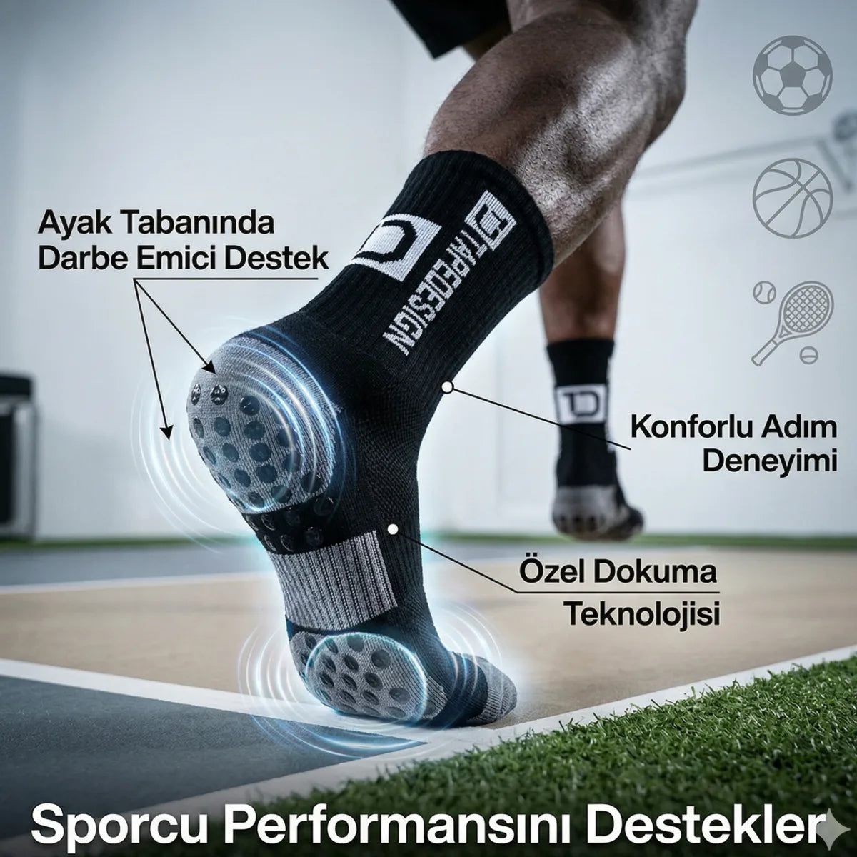 Kaydırmaz Futbol Basketbol Tenis Erkek Spor Çorap, Siyah, Kaymaz Çorap Tabanlı, Dikişsiz ve Parfümlü, Yüksek Kalite