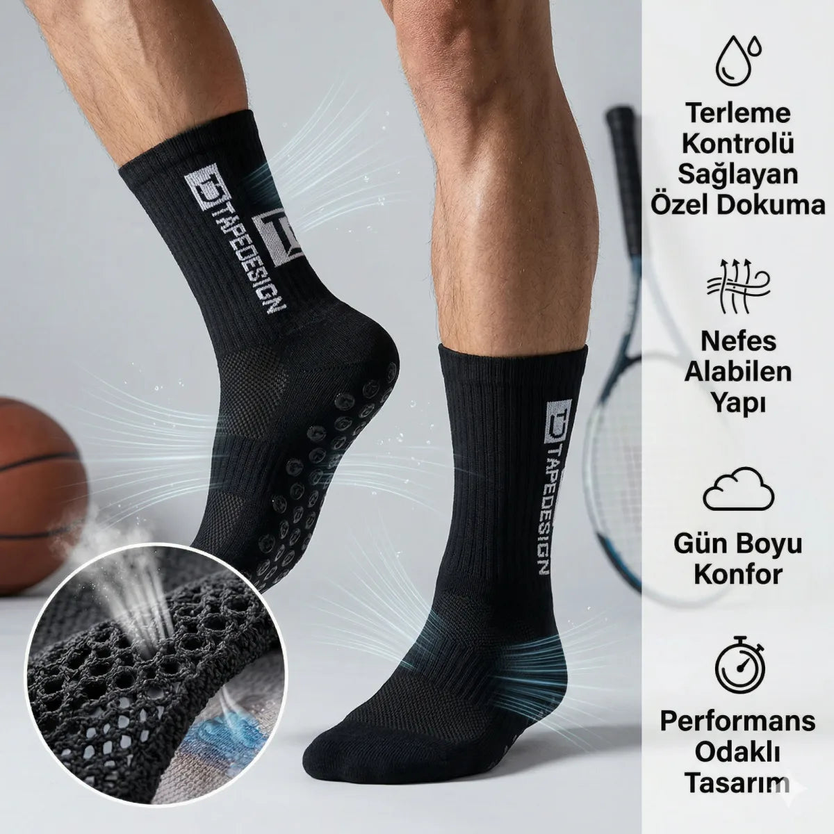 Kaydırmaz Futbol Basketbol Tenis Erkek Spor Çorap, Siyah, Kaymaz Çorap Tabanlı, Dikişsiz ve Parfümlü, Yüksek Kalite