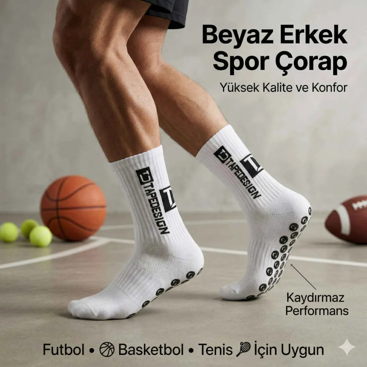 Kaydırmaz Futbol Basketbol Tenis Erkek Spor Çorap, Beyaz, Kaymaz Çorap Tabanlı, Dikişsiz ve Parfümlü, Yüksek Kalite