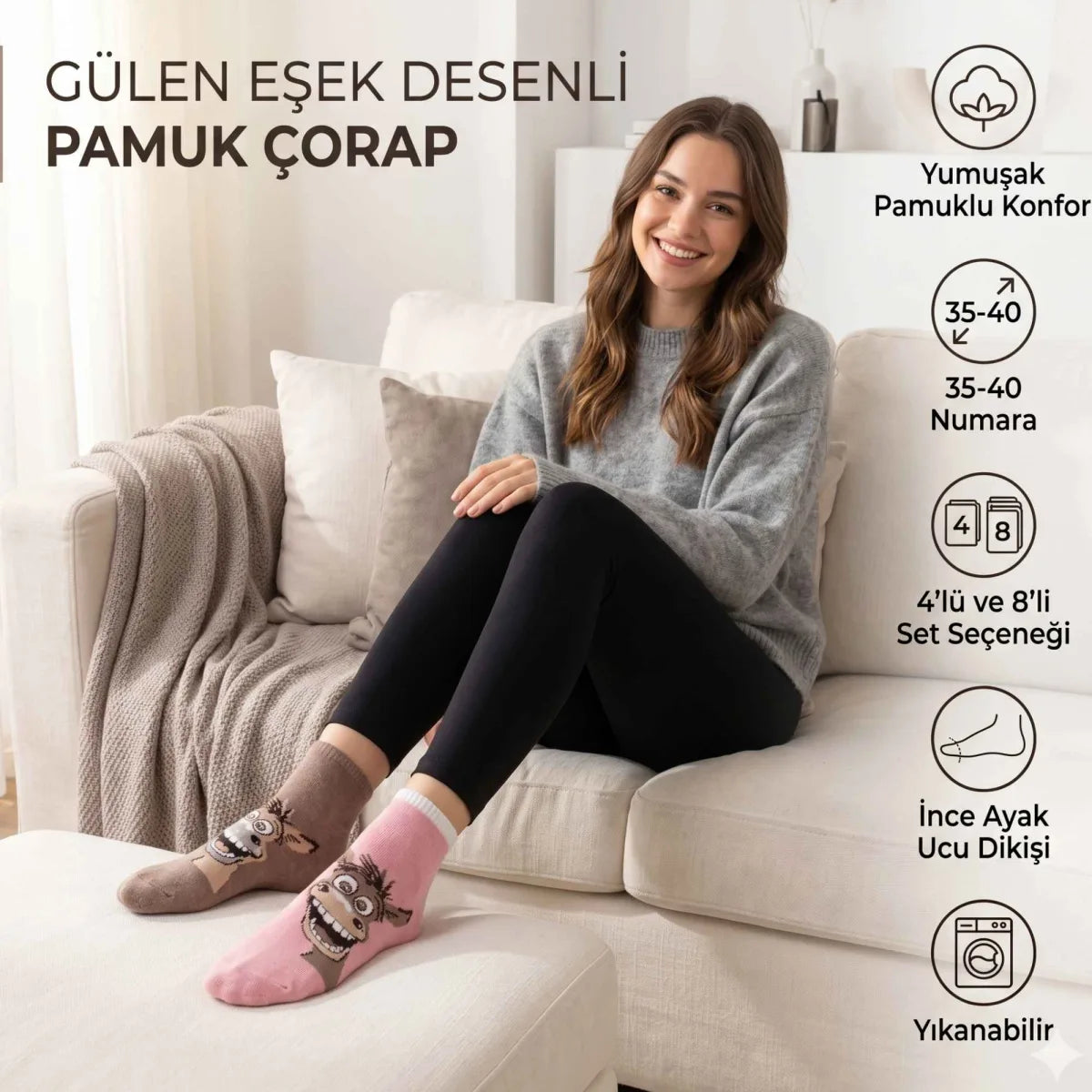 Kadın Gülen Eşek Desenli Çorap 4’lü – Pamuklu, Eğlenceli ve Yumuşak Soket Çorap 36-40