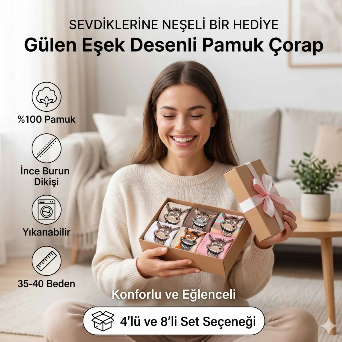 Kadın Gülen Eşek Desenli Çorap 8’li Set – Pamuklu, Eğlenceli ve Yumuşak Soket Çorap 36-40
