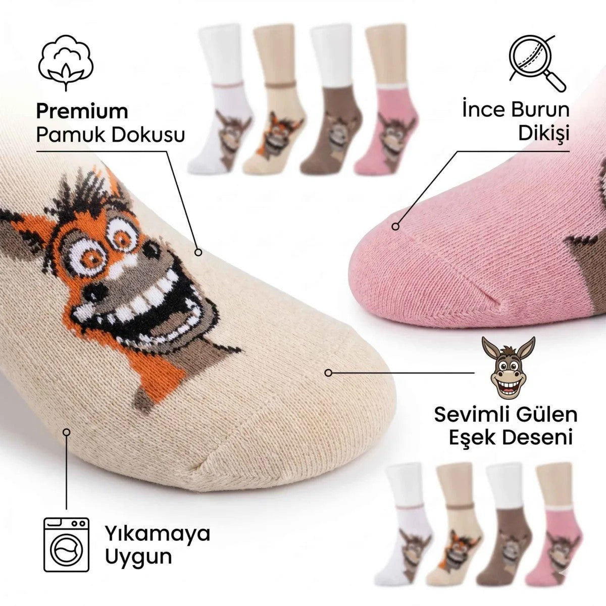 Kadın Gülen Eşek Desenli Çorap 8’li Set – Pamuklu, Eğlenceli ve Yumuşak Soket Çorap 36-40