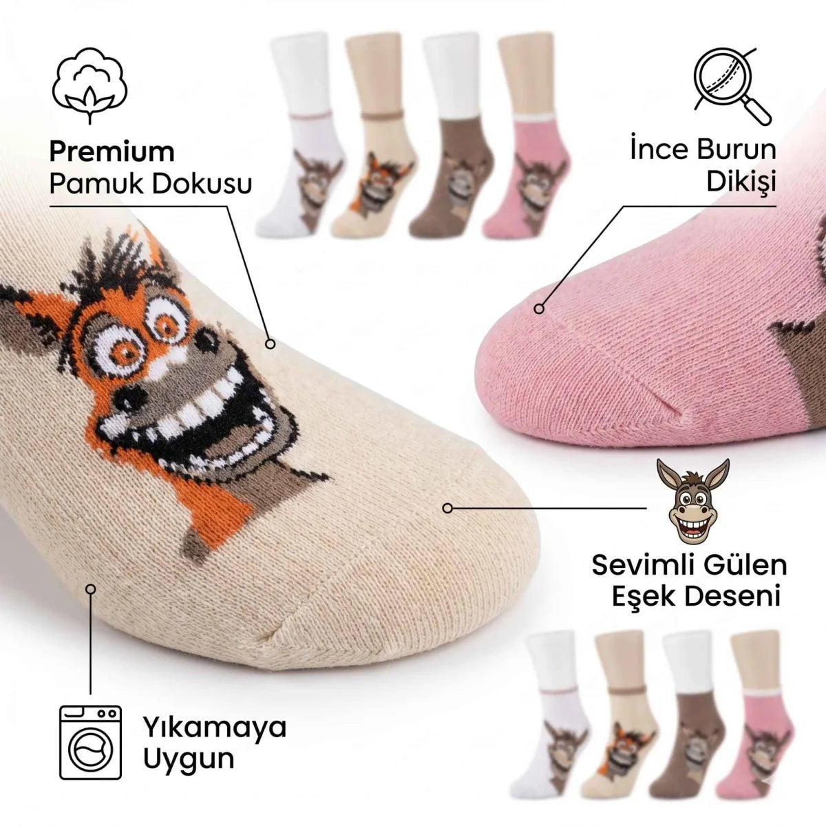 Kadın Gülen Eşek Desenli Çorap 8’li Set – Pamuklu, Eğlenceli ve Yumuşak Soket Çorap 36-40