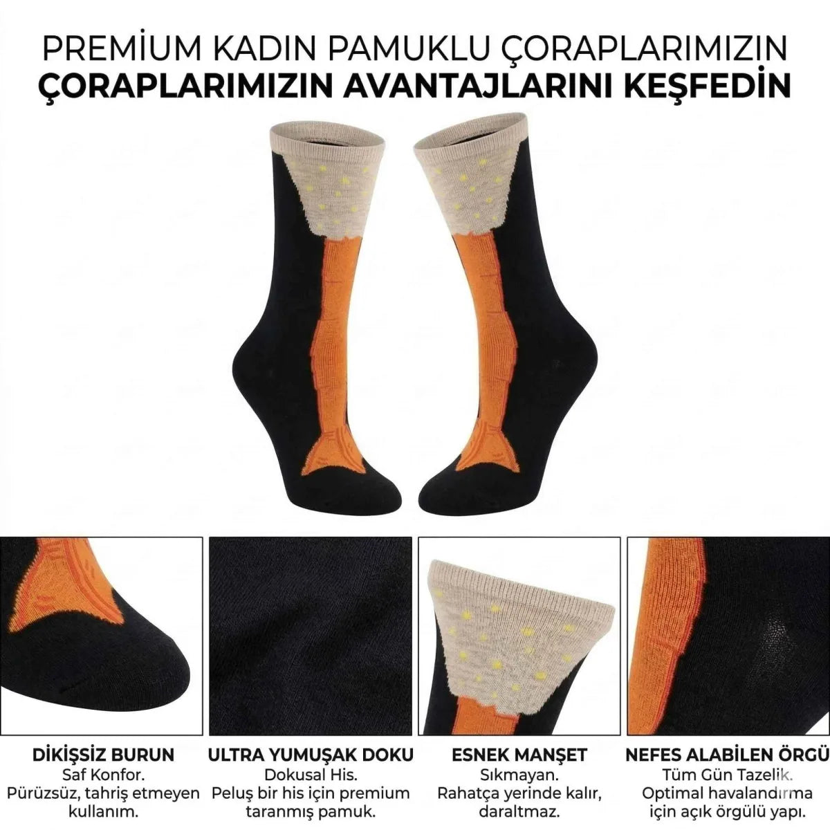 Kadın Kaz Ayağı Desenli Siyah Pamuklu Çorap 36-40 | Dikişsiz Burun, Esnek Manşet, Nefes Alan Yumuşak Dokulu
