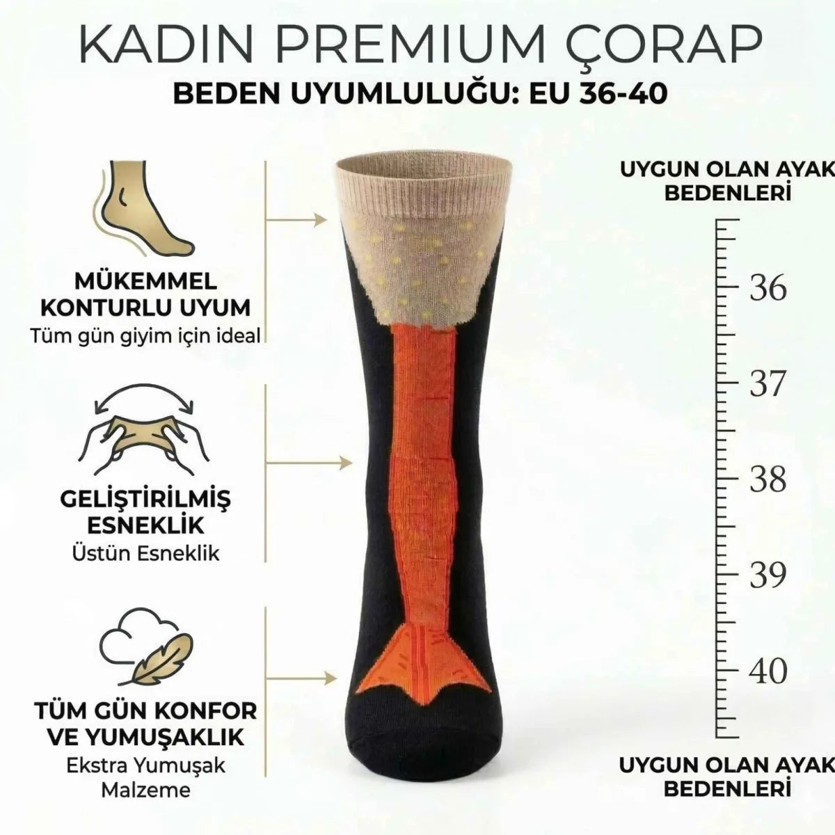 Kadın Kaz Ayağı Desenli Siyah Pamuklu Çorap 36-40 | Dikişsiz Burun, Esnek Manşet, Nefes Alan Yumuşak Dokulu