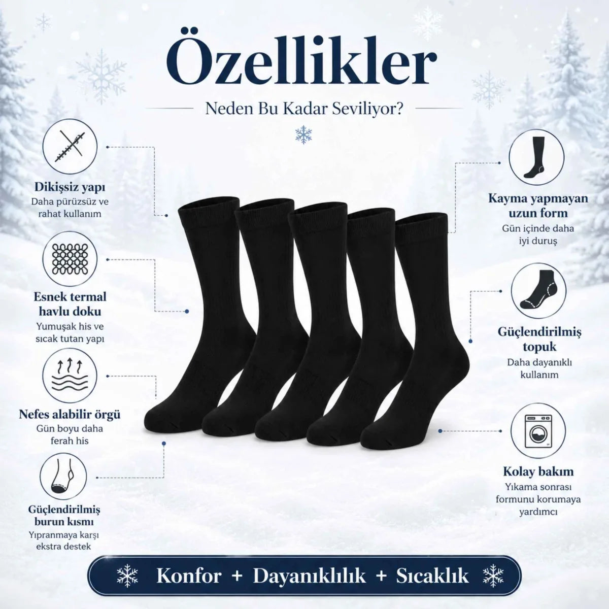 Kadın Siyah 6’lı Kışlık Termal Uzun Çorap | Dikişsiz, Esnek Havlu Dokulu, Sıcak Tutan, Güçlendirilmiş Topuk ve Burun