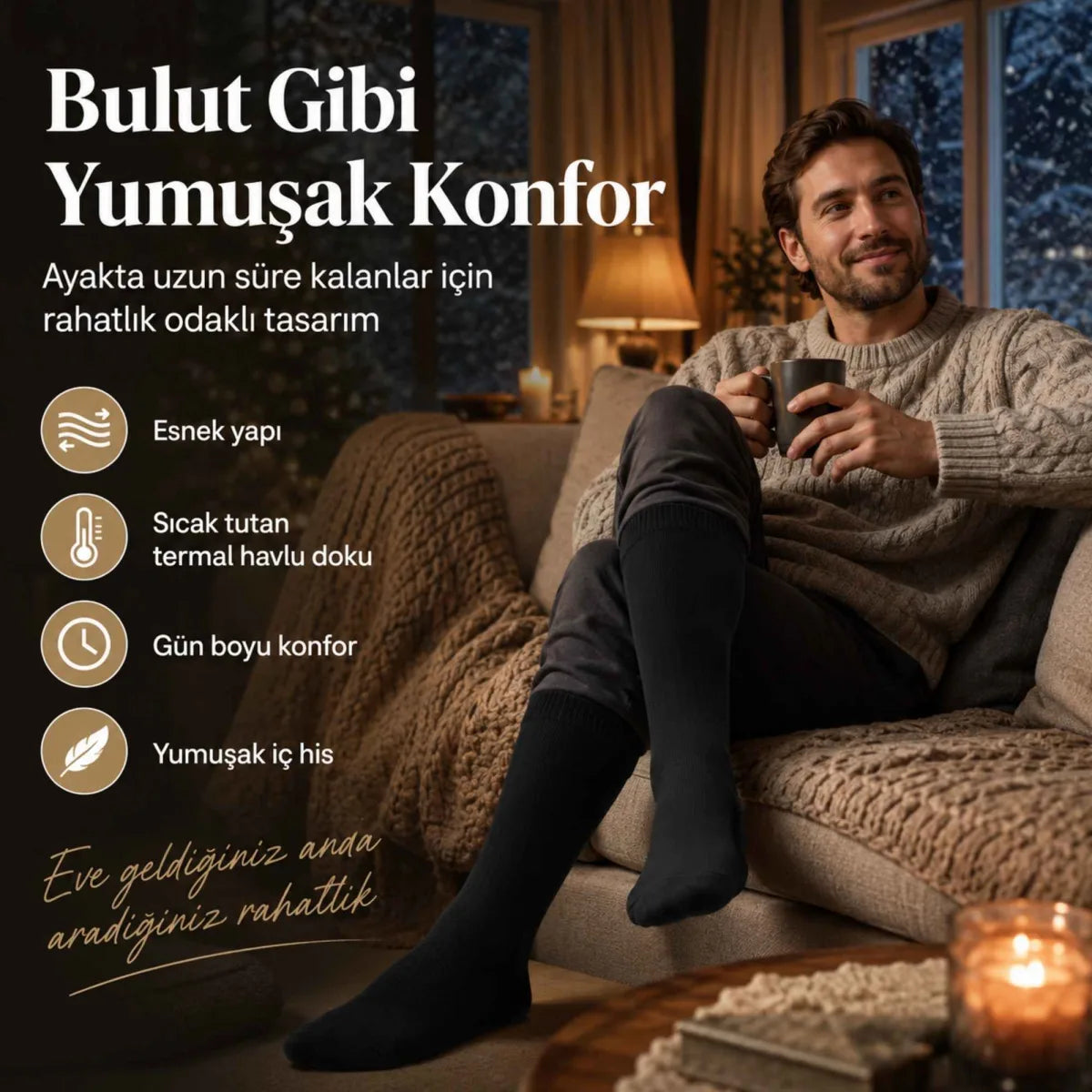 Erkek Siyah 6’lı Kışlık Uzun Termal Havlu Çorap | Dikişsiz, Esnek, Sıcak Tutan, Güçlendirilmiş Topuk ve Burun