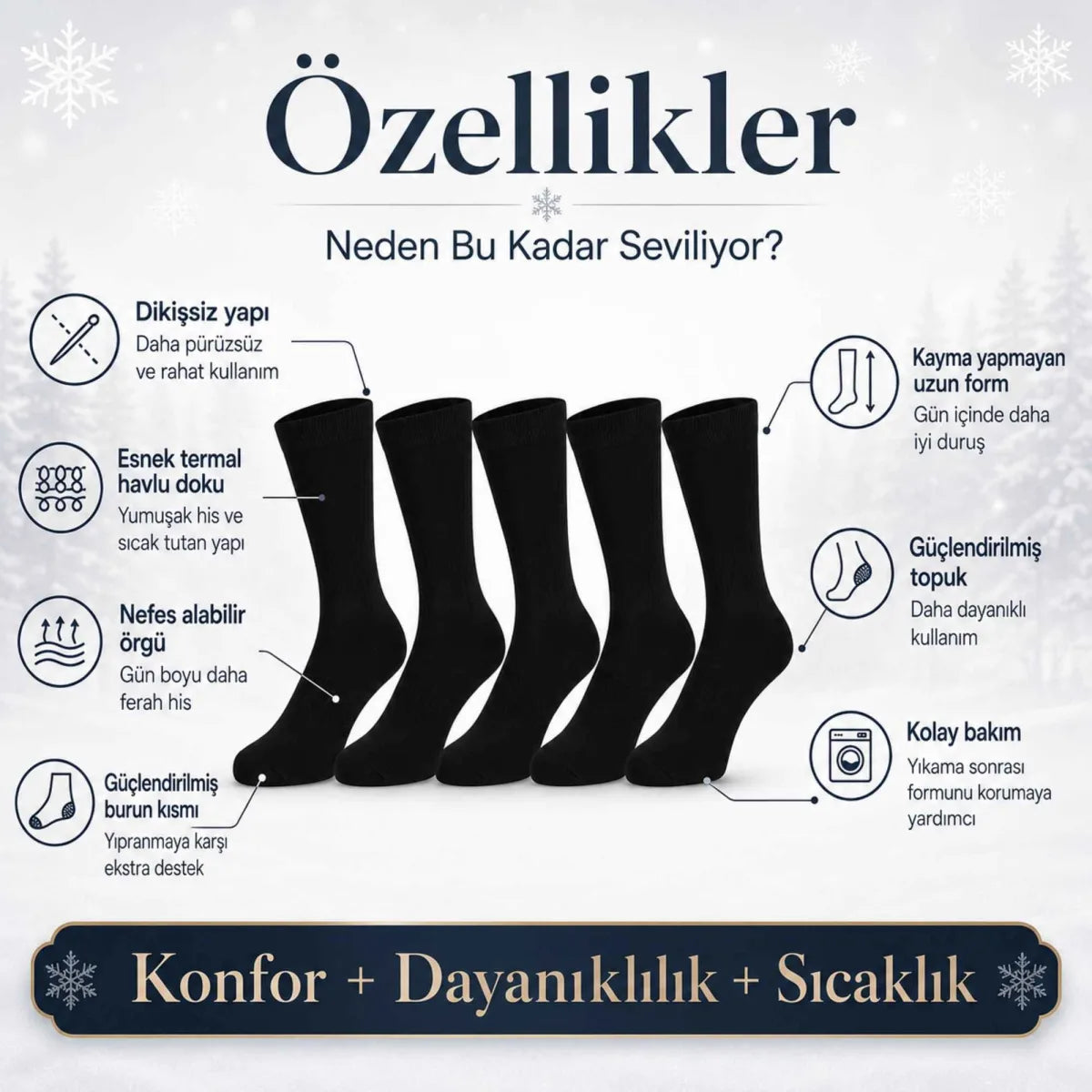 Erkek Siyah 6’lı Kışlık Uzun Termal Havlu Çorap | Dikişsiz, Esnek, Sıcak Tutan, Güçlendirilmiş Topuk ve Burun