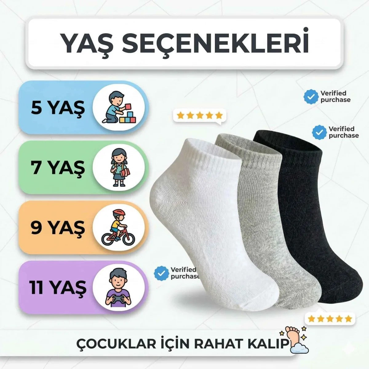 Çocuk Patik Çorap 3’lü – Pamuklu, Nefes Alan Günlük Kısa Çorap