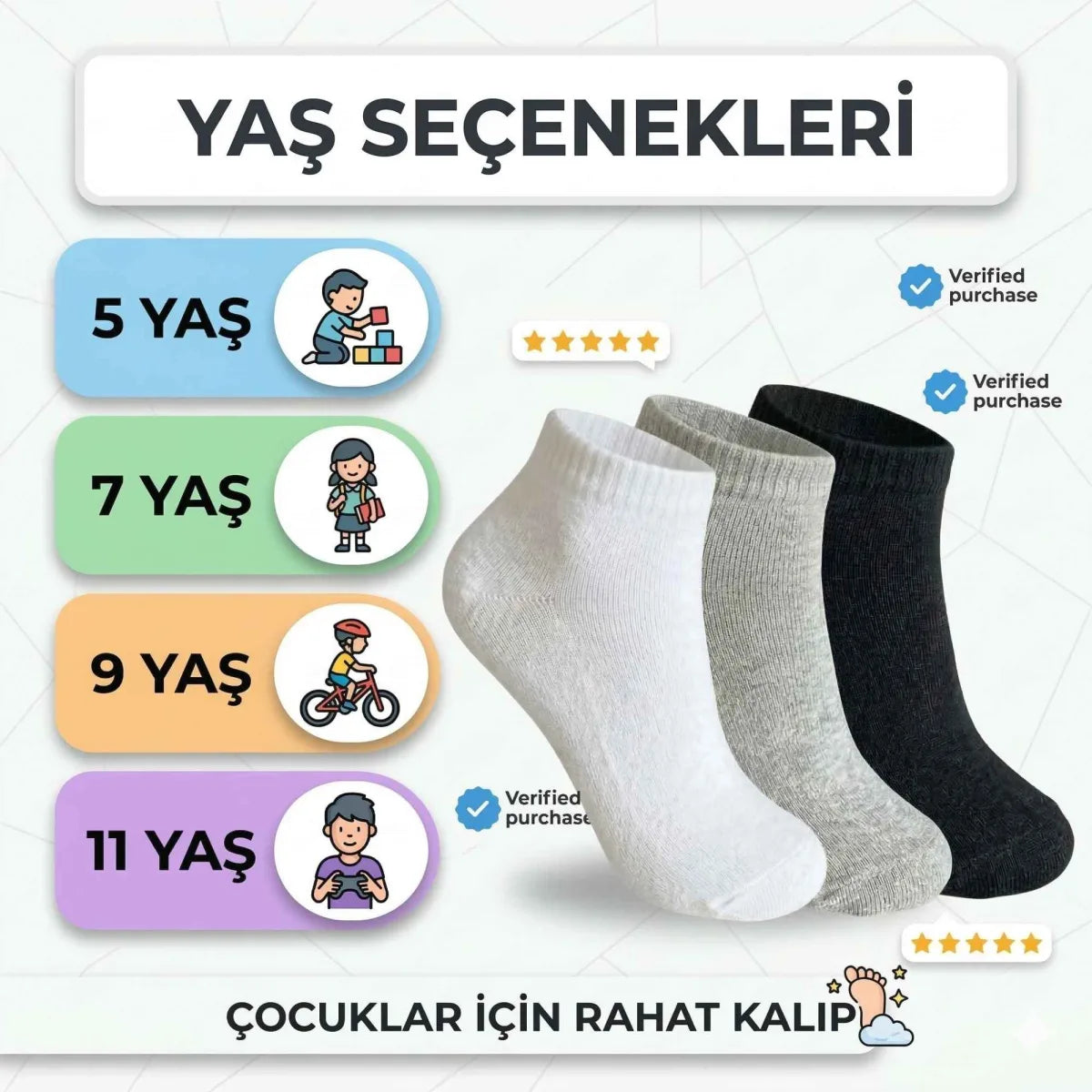 Çocuk Patik Çorap 3’lü – Pamuklu, Nefes Alan Günlük Kısa Çorap