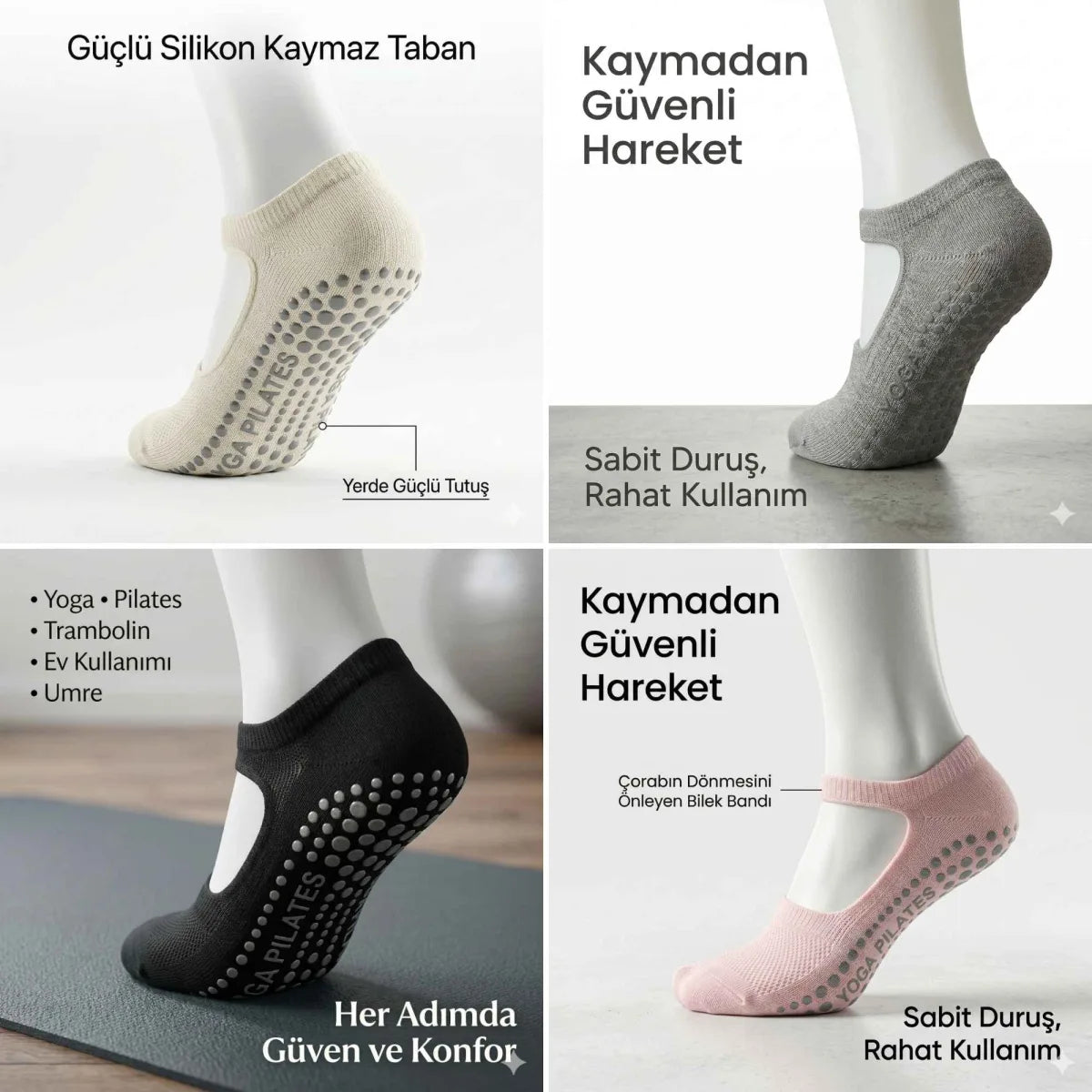 Kaymaz Taban Yoga ve Pilates Çorabı 4’lü Kadın, Silikon Tabanlı Nefes Alabilir Bilek Bantlı Çorap, Ev Yoga Pilates Trambolin Umre İçin, 4 Renk