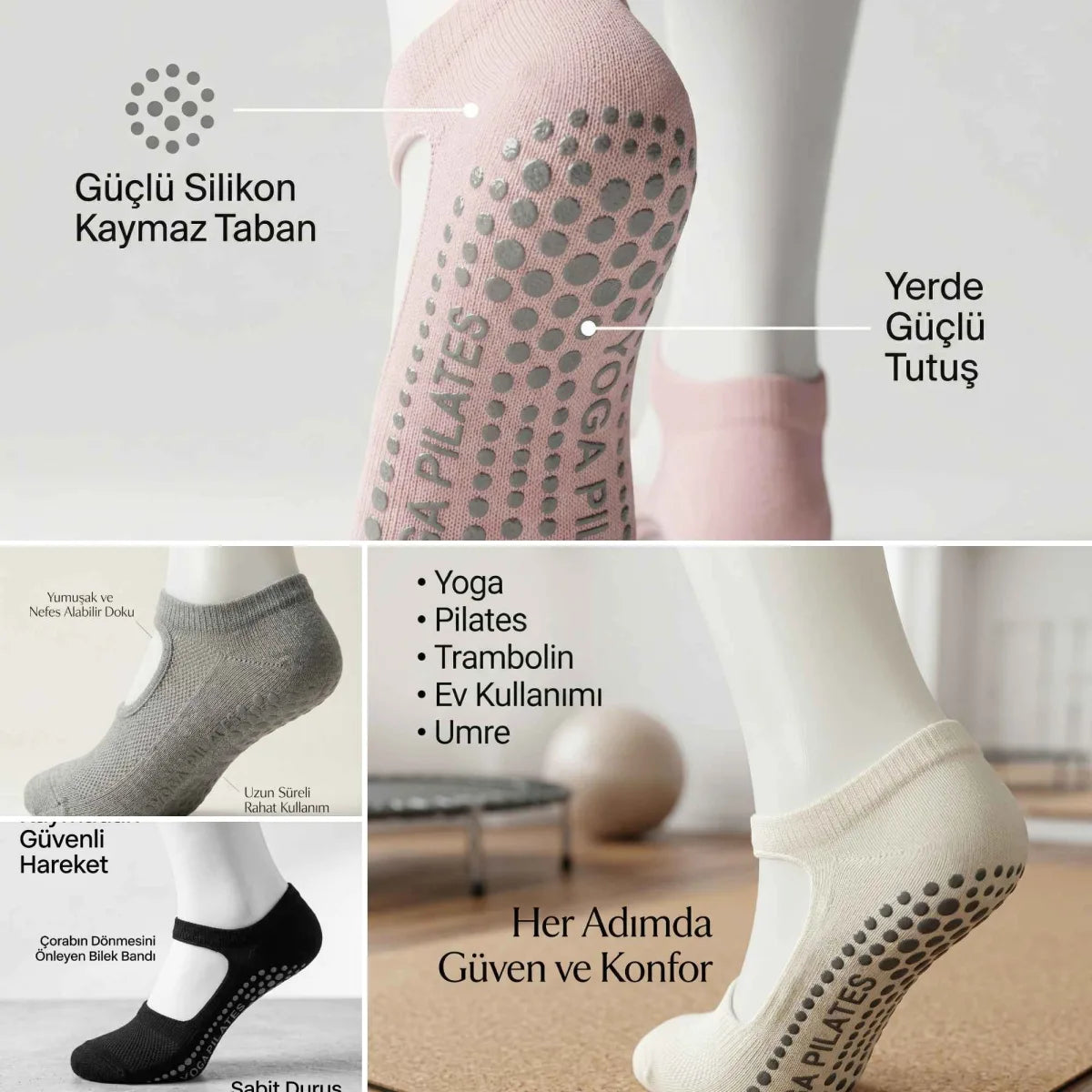 Kaymaz Taban Yoga ve Pilates Çorabı 4’lü Kadın, Silikon Tabanlı Nefes Alabilir Bilek Bantlı Çorap, Ev Yoga Pilates Trambolin Umre İçin, 4 Renk