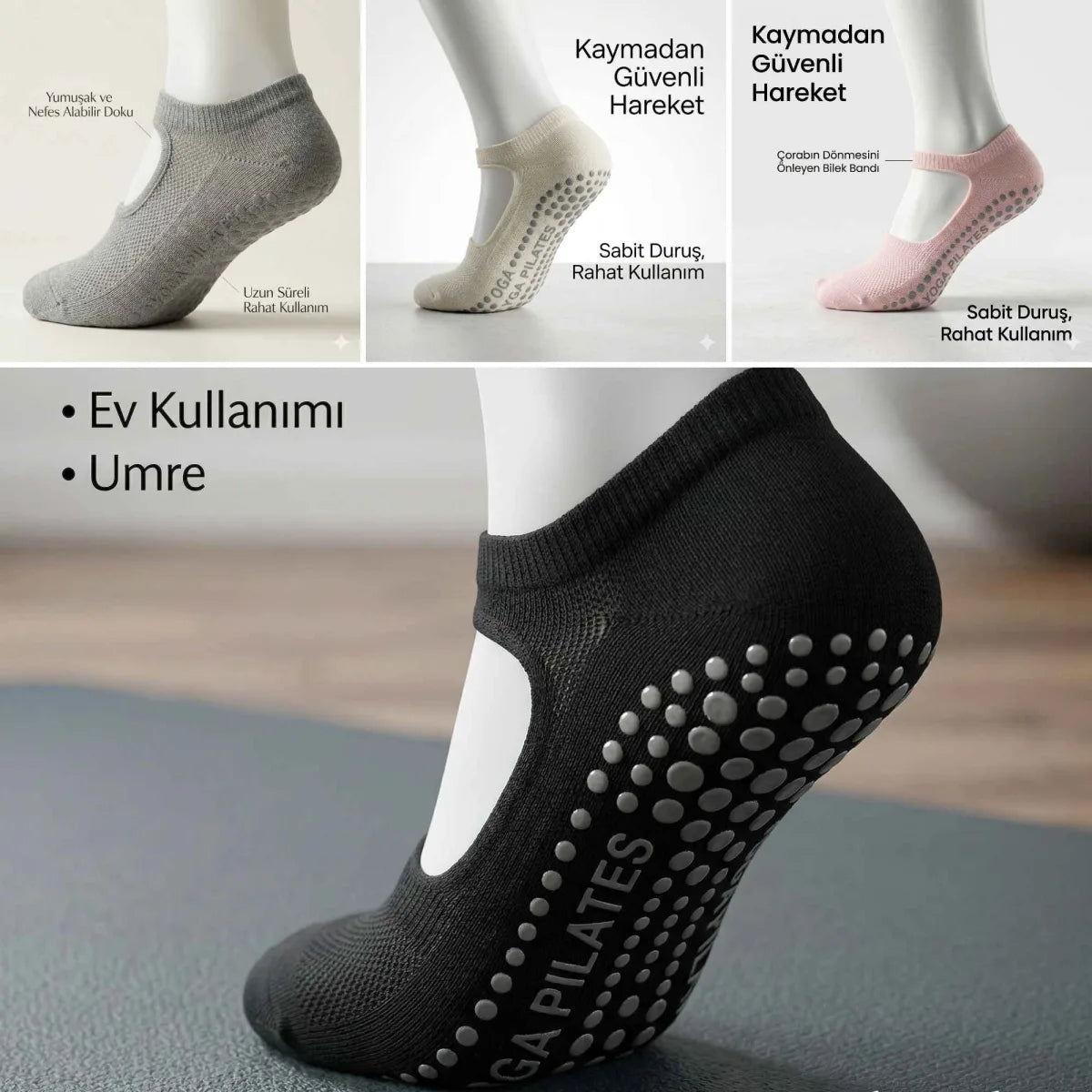 Kaymaz Taban Yoga ve Pilates Çorabı 8’li Kadın, Silikon Tabanlı Nefes Alabilir Bilek Bantlı Çorap, Ev Yoga Pilates Trambolin Umre İçin, 4 Renk