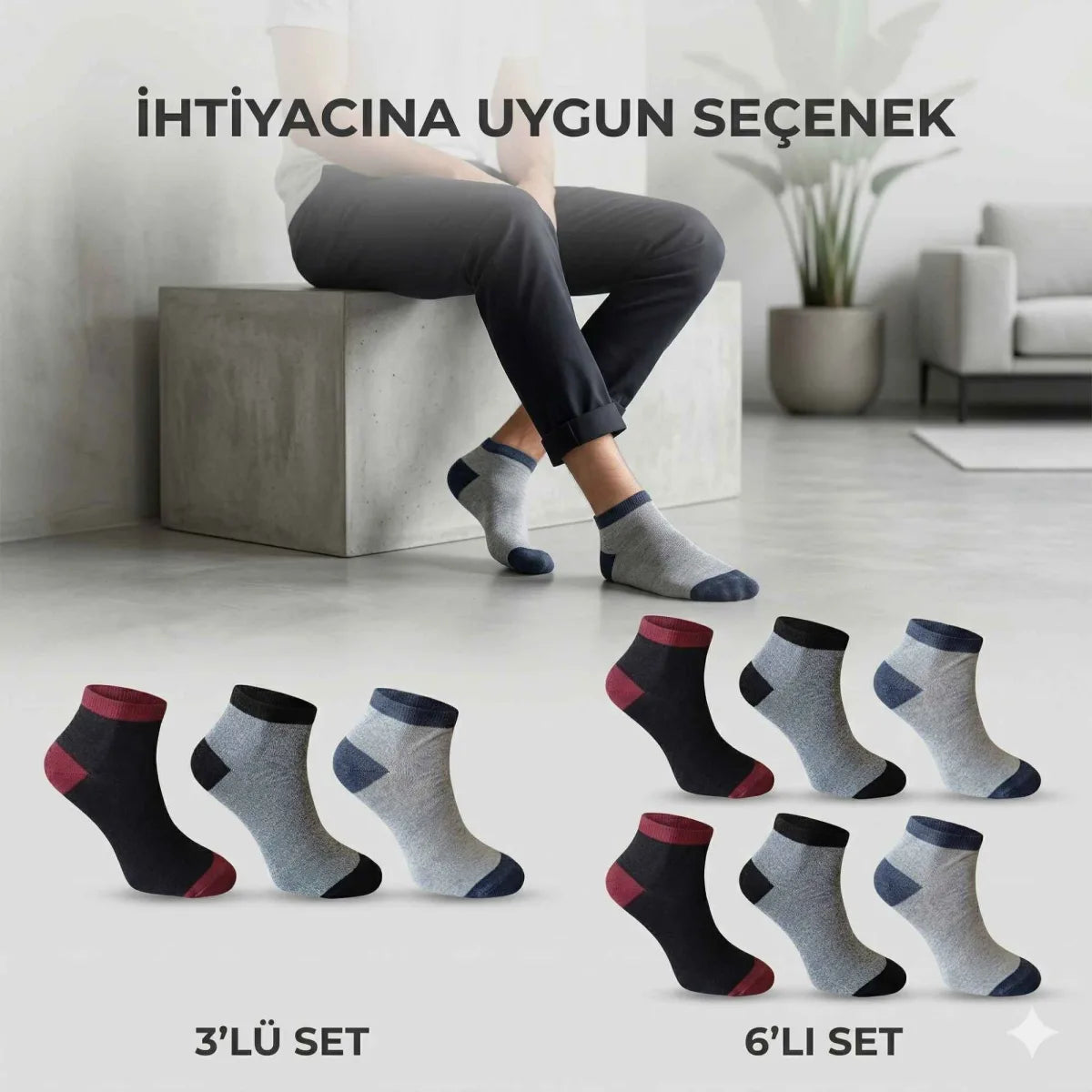 Erkek Patik Çorap 3’lü Set – Renkli Burun Topuk Detaylı Günlük Kısa Çorap