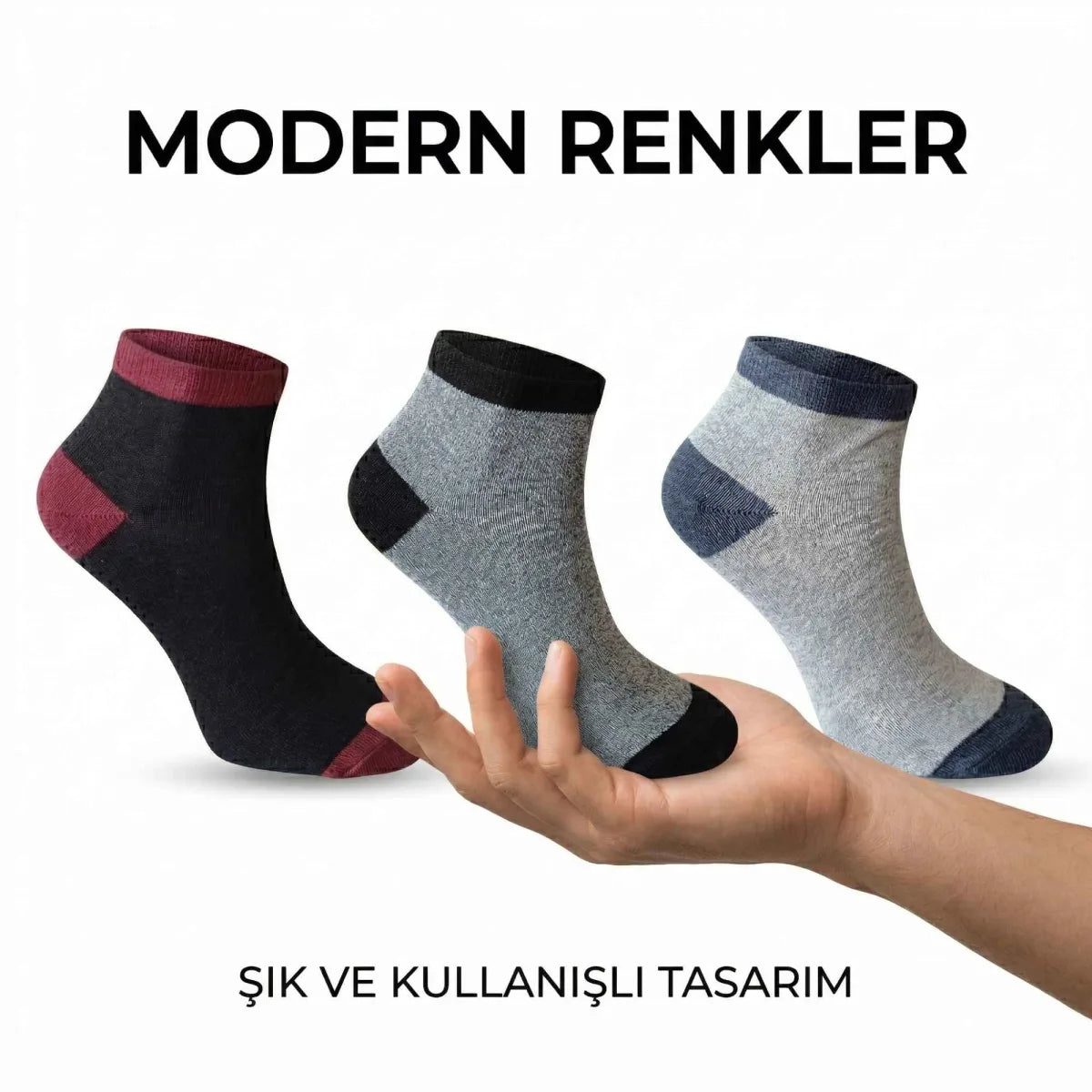 Erkek Patik Çorap 3’lü Set – Renkli Burun Topuk Detaylı Günlük Kısa Çorap