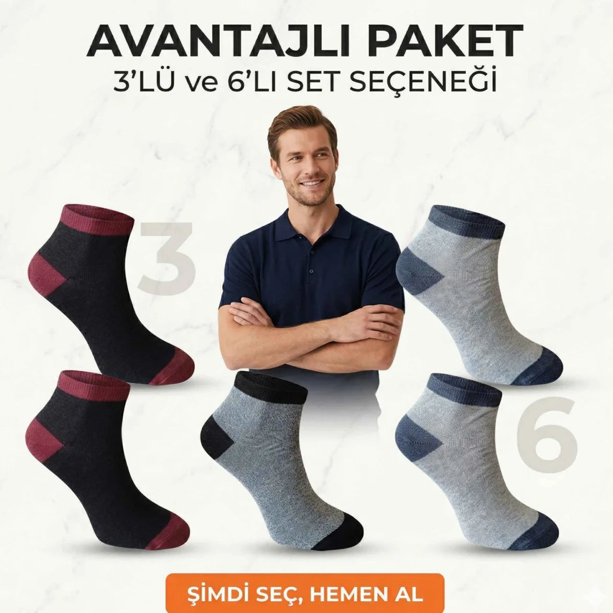 Erkek Patik Çorap 3’lü Set – Renkli Burun Topuk Detaylı Günlük Kısa Çorap