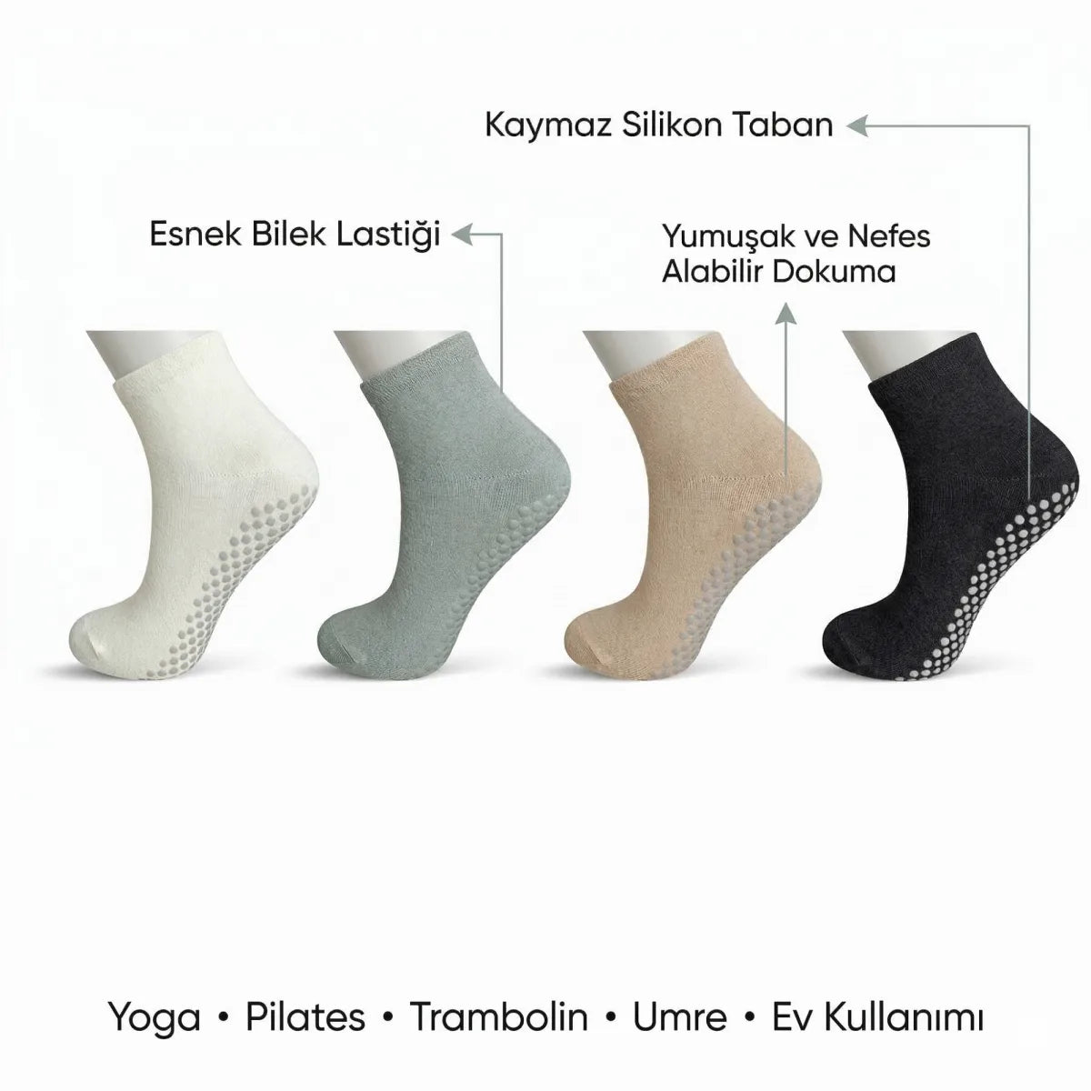 Kaymaz Tabanlı Yoga Pilates 4’lü Çorap, Silikon Tabanlı Esnek Bilekli Nefes Alan Ev ve Spor Çorabı