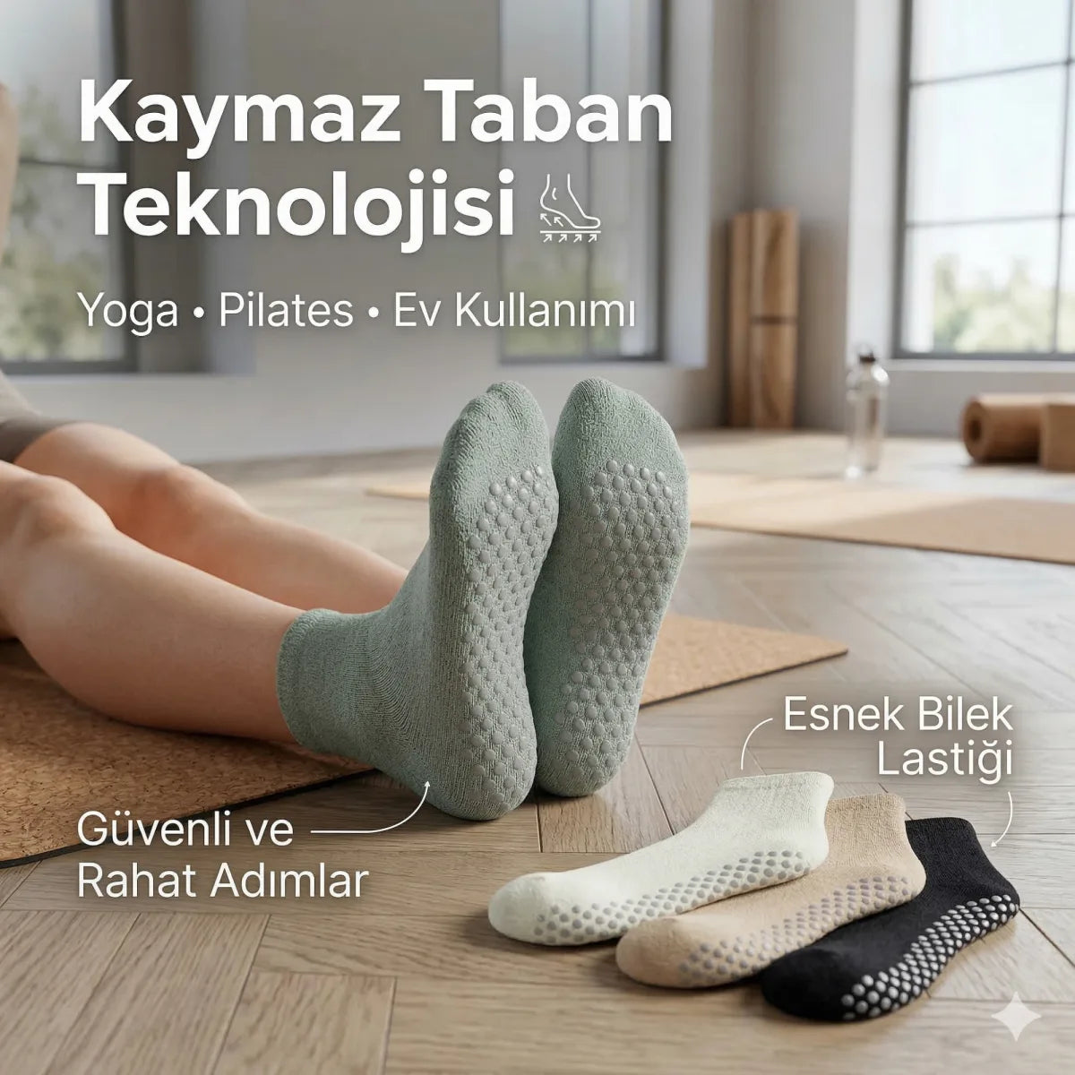 Kaymaz Tabanlı Yoga Pilates 8’li Çorap, Silikon Tabanlı Esnek Bilekli Nefes Alan Ev ve Spor Çorabı
