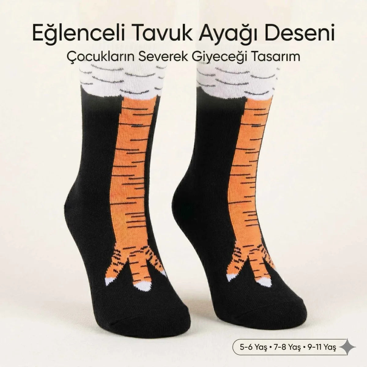 Tavuk Desenli Çocuk Çorap Siyah Turuncu Eğlenceli Hayvan Figürlü Yumuşak Dokulu Günlük Çorap