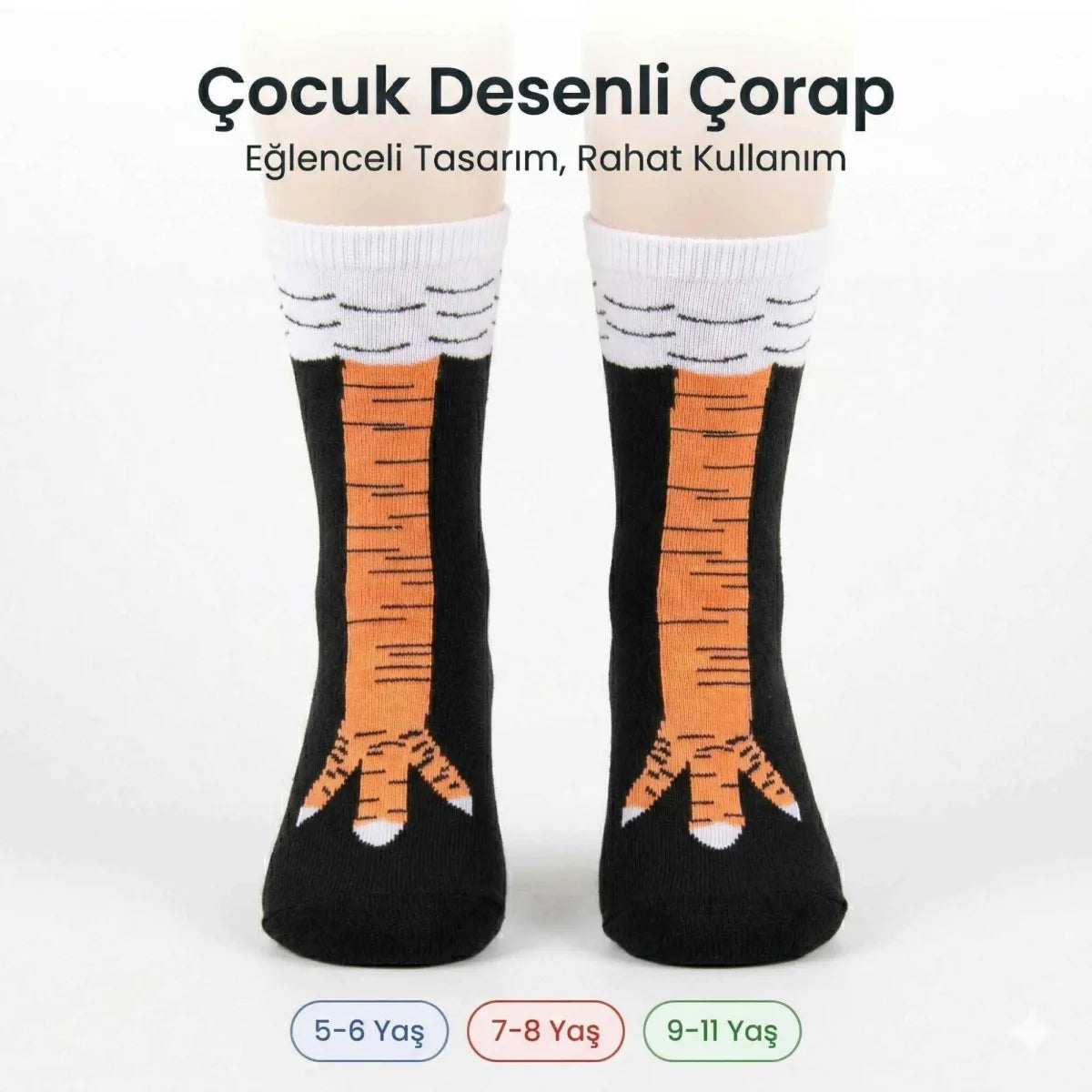 Tavuk Desenli Çocuk Çorap Siyah Turuncu Eğlenceli Hayvan Figürlü Yumuşak Dokulu Günlük Çorap