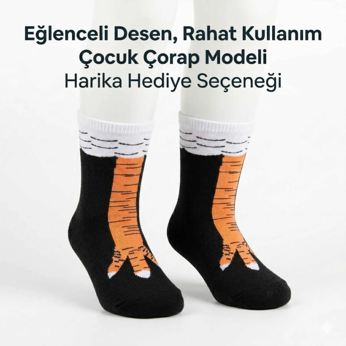 Tavuk Desenli Çocuk Çorap Siyah Turuncu Eğlenceli Hayvan Figürlü Yumuşak Dokulu Günlük Çorap