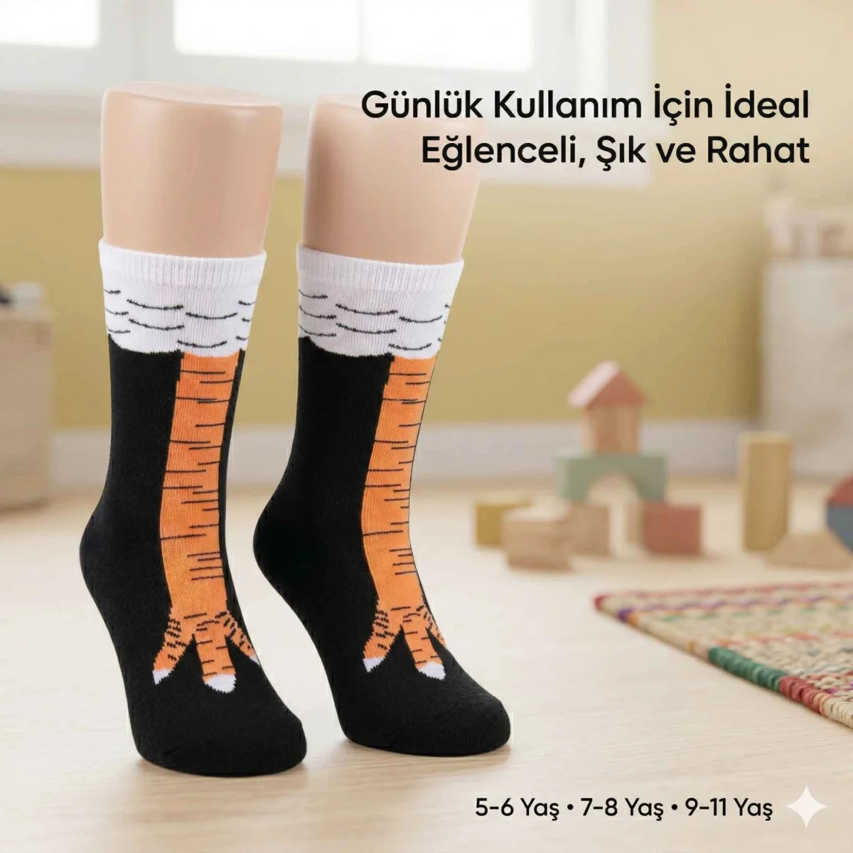 Tavuk Ayağı Desenli Çocuk Çorap Siyah Turuncu Eğlenceli Hayvan Figürlü Yumuşak Dokulu Günlük Çorap
