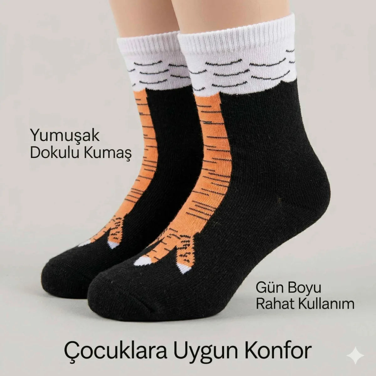 Tavuk Ayağı Desenli Çocuk Çorap Siyah Turuncu Eğlenceli Hayvan Figürlü Yumuşak Dokulu Günlük Çorap