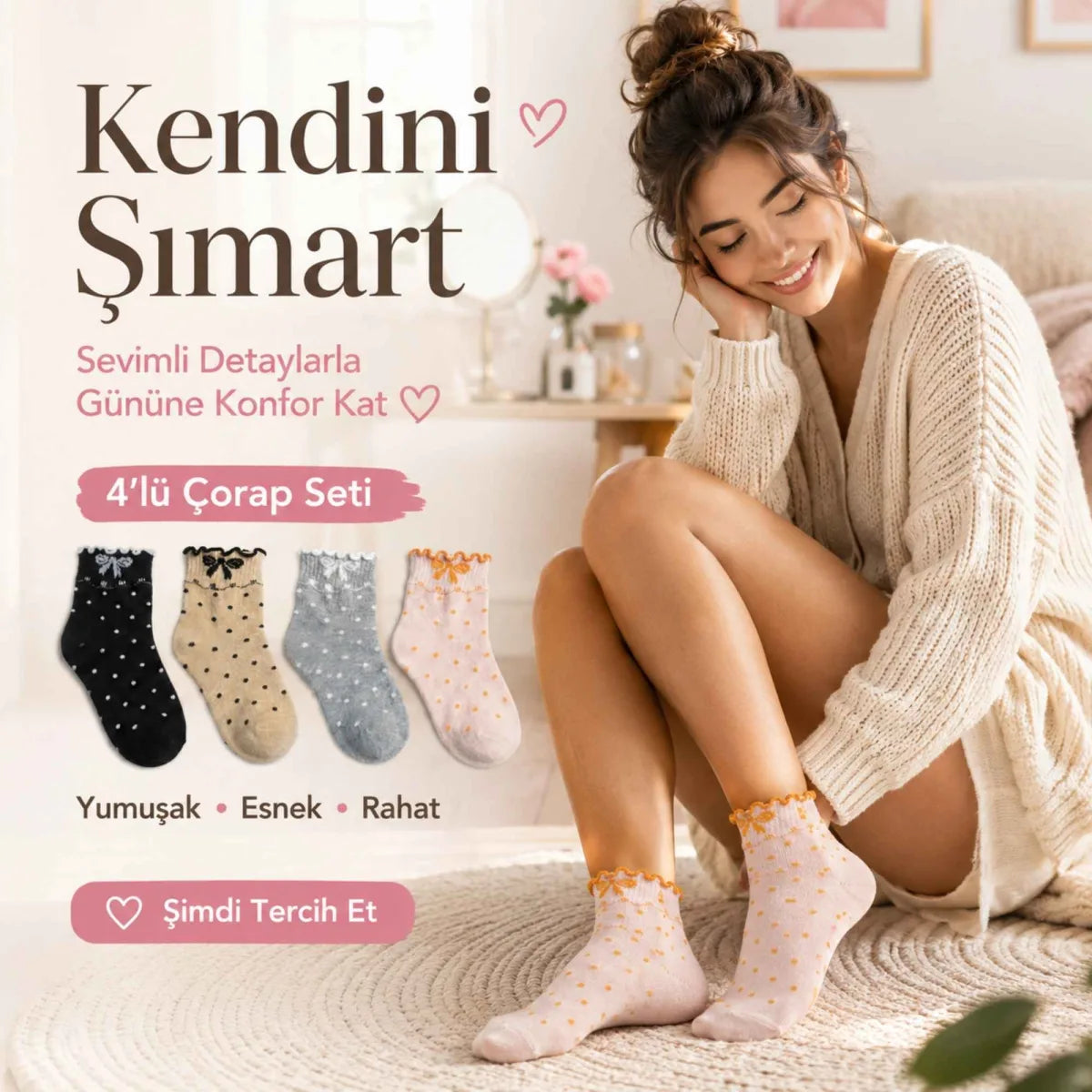 Kadın Fırfırlı Soket Çorap 4’lü Set – Puantiyeli, Fiyonklu, Yumuşak ve Esnek Bilek Çorabı