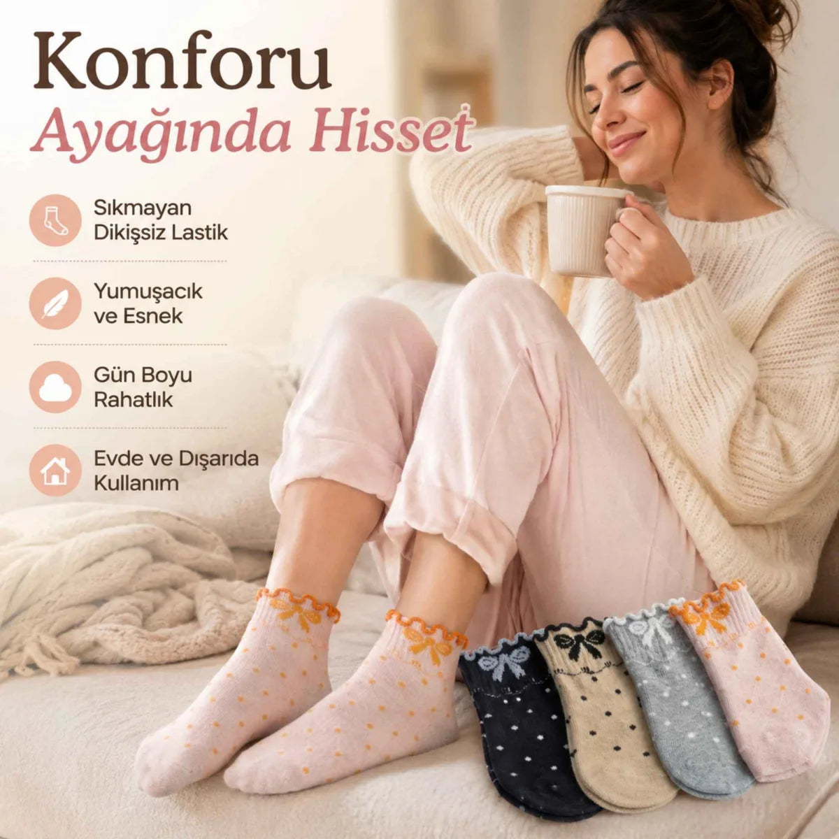 Kadın Fırfırlı Soket Çorap 8’li Set – Puantiyeli, Fiyonklu, Yumuşak ve Esnek Bilek Çorabı