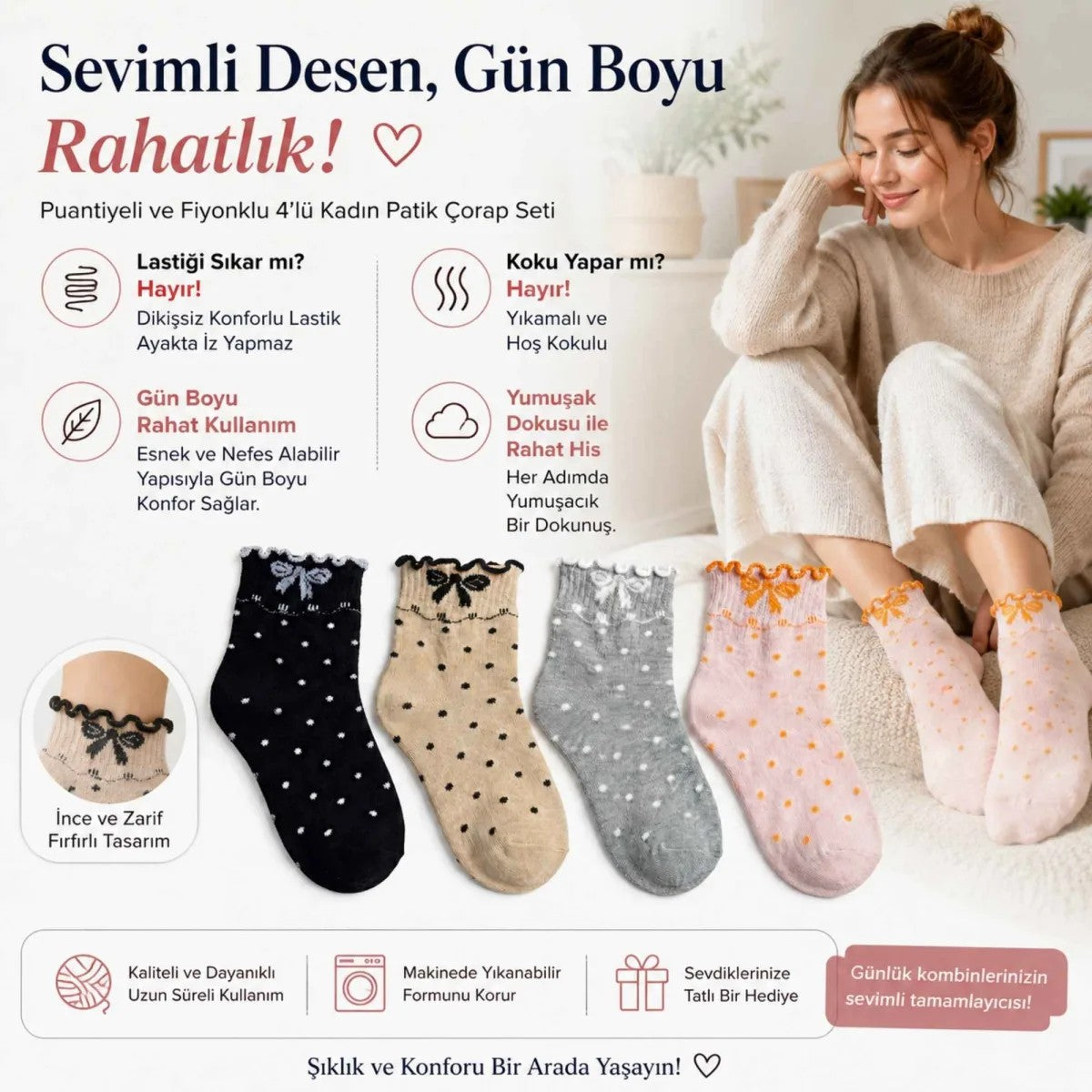 Kadın Fırfırlı Soket Çorap 8’li Set – Puantiyeli, Fiyonklu, Yumuşak ve Esnek Bilek Çorabı