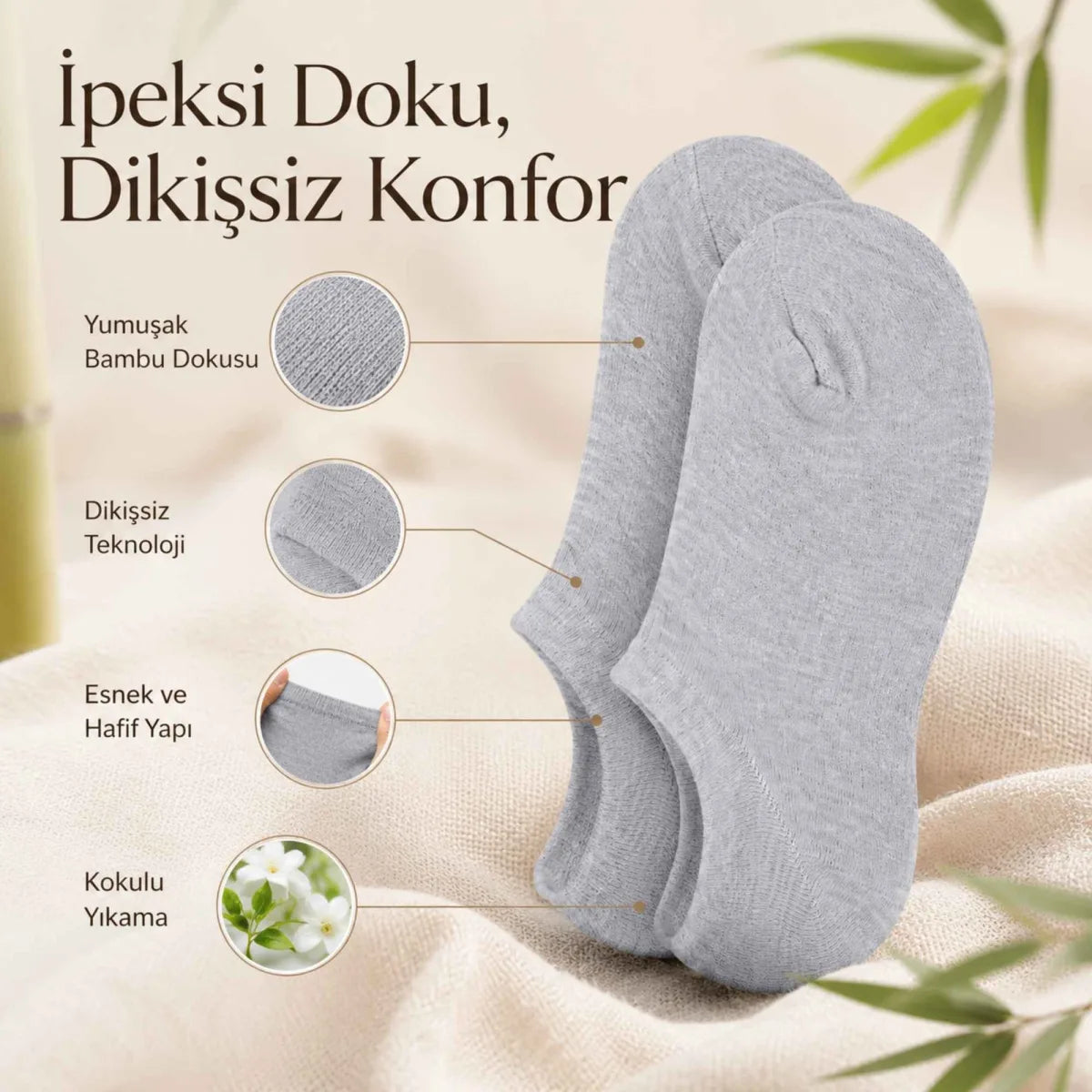 Erkek Bambu 12’li Dikişsiz Babet Çorap Siyah Beyaz Gri Görünmez Sneaker Çorap Nefes Alan Yumuşak