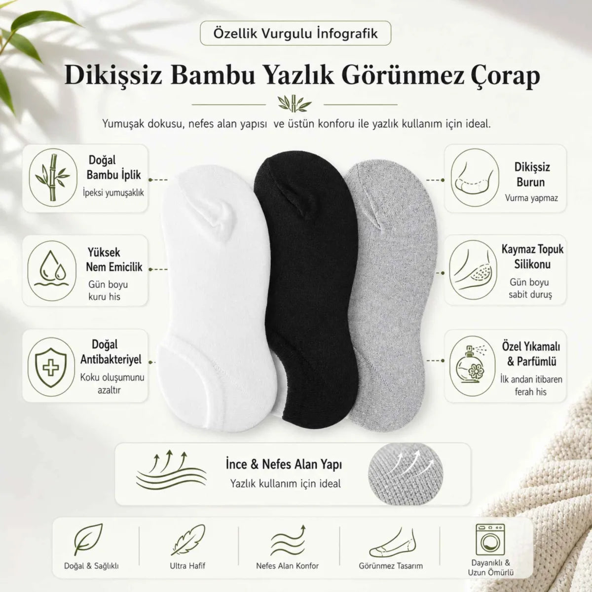 Erkek Bambu 12’li Dikişsiz Babet Çorap Siyah Beyaz Gri Görünmez Sneaker Çorap Nefes Alan Yumuşak