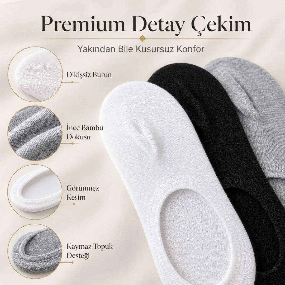 Erkek Bambu 6’lı Dikişsiz Babet Çorap Siyah Beyaz Gri Görünmez Sneaker Çorap Nefes Alan Yumuşak